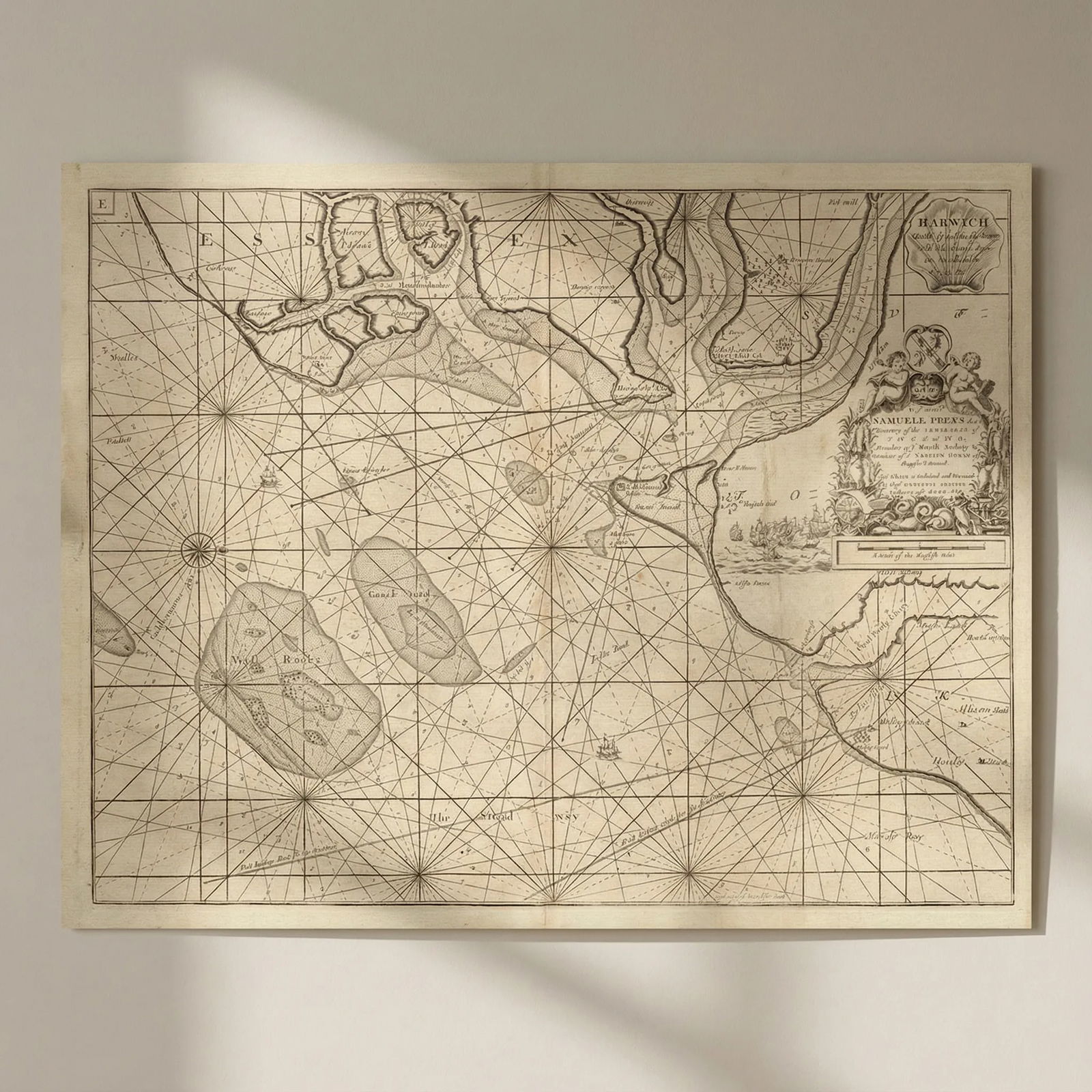 HARWICH, Orwell, Stour, Deben & Hamford Water sea chart. COLLINS c1774 old map: Title: HARWICH, Orwell, Stour, Deben & Hamford Water sea chart. COLLINS c1774 old map Description: Harwich, Woodbridg and Handfordwater, with the Sands from the Nazeland and to Hosely Bay - To the Hon