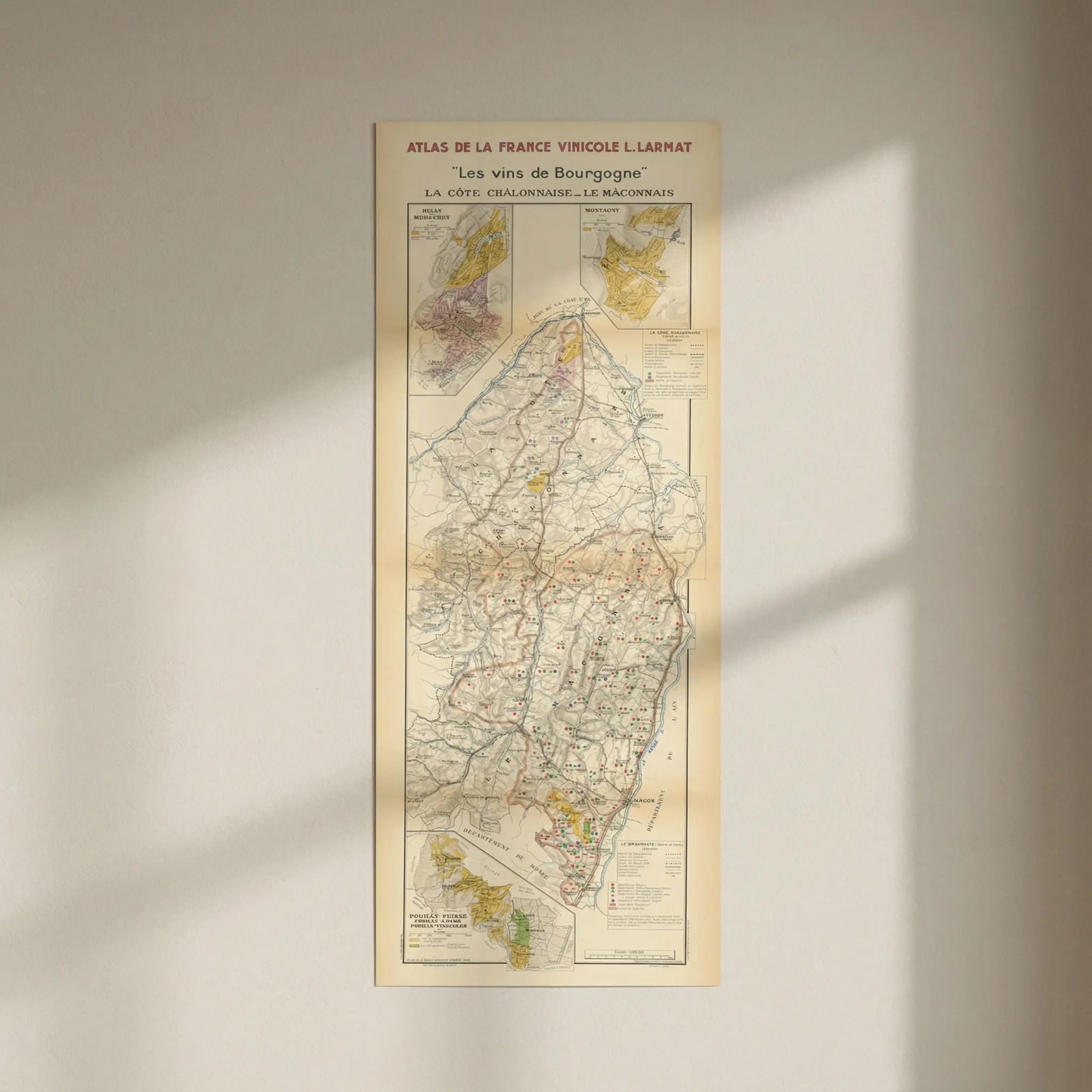 BURGUNDY BOURGOGNE WINE MAP Côtes Châlonnaise Mâconnais appellations LARMAT 1942: Title: BURGUNDY BOURGOGNE WINE MAP Côtes Châlonnaise Mâconnais appellations LARMAT 1942 Description: "Les Vins de Bourgogne" - La Côte Châlonnaise - Le Mâconnais - Rully