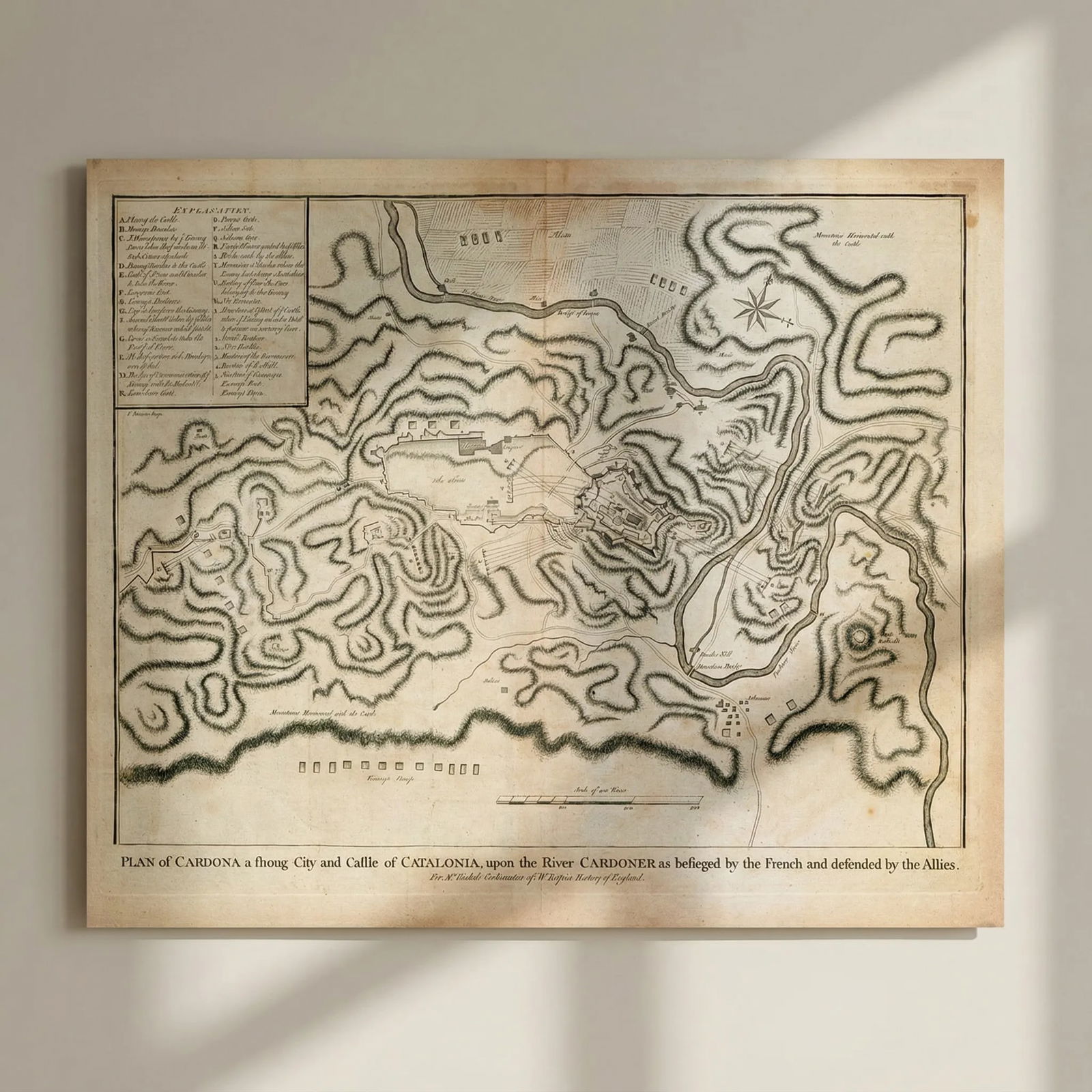 Plan of Cardona, during 1714 siege. Catalonia. BASIRE c1747 old antique map: Title: "Plan of Cardona", during 1714 siege. Catalonia. BASIRE c1747 old antique map Description: Plan of Cardona, a strong city and castle of Catalonia, upon the River Cardoner as besieged by the Fre