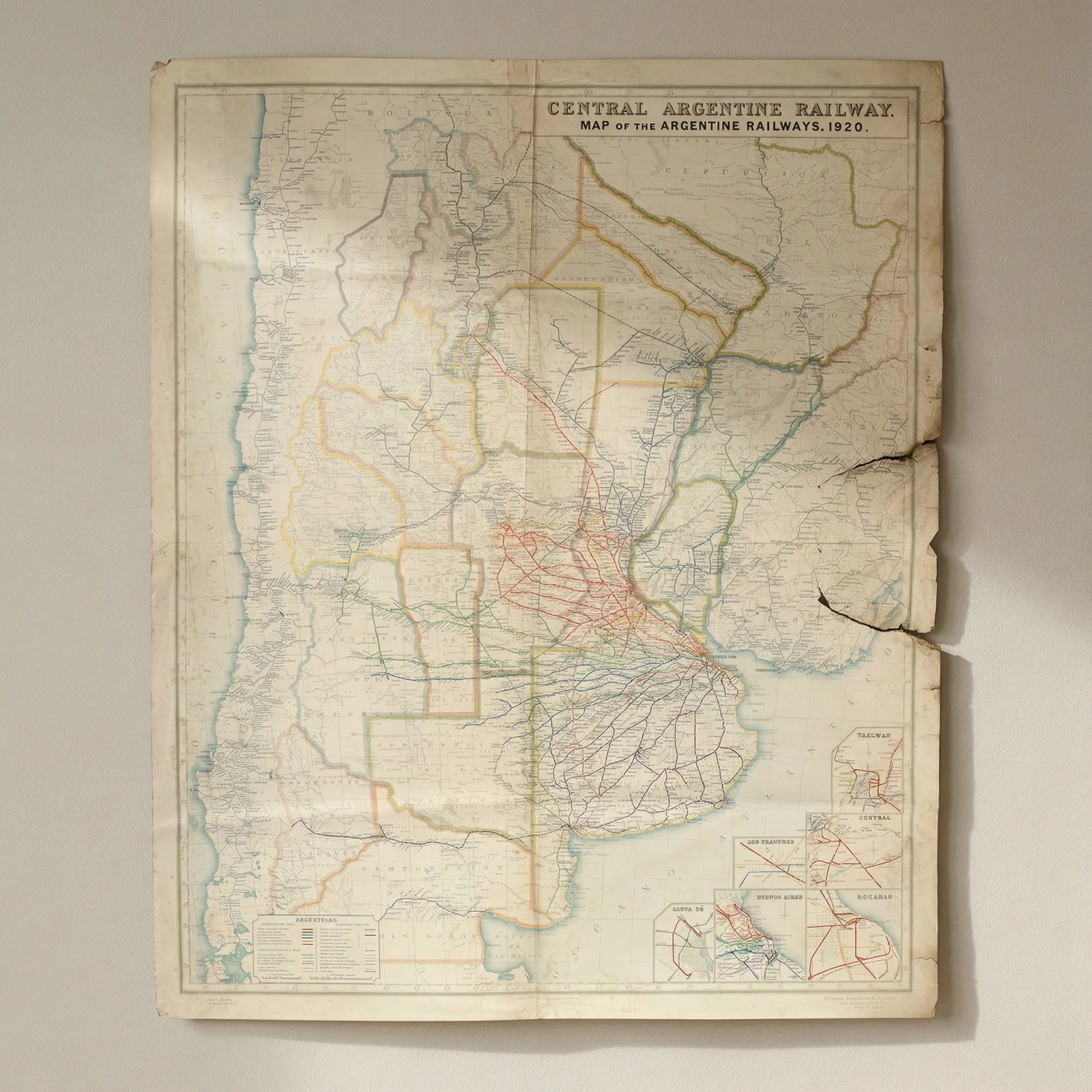 Central Argentine Railways. Argentina Chile. Buenos Aires. 120x100cm 1920 map: Title: Central Argentine Railways. Argentina Chile. Buenos Aires. 120x100cm 1920 map Description: Central Argentine Railway. Map of the Argentine Railways, 1920'. Waterlow & Sons Ltd, London Wall, Lon