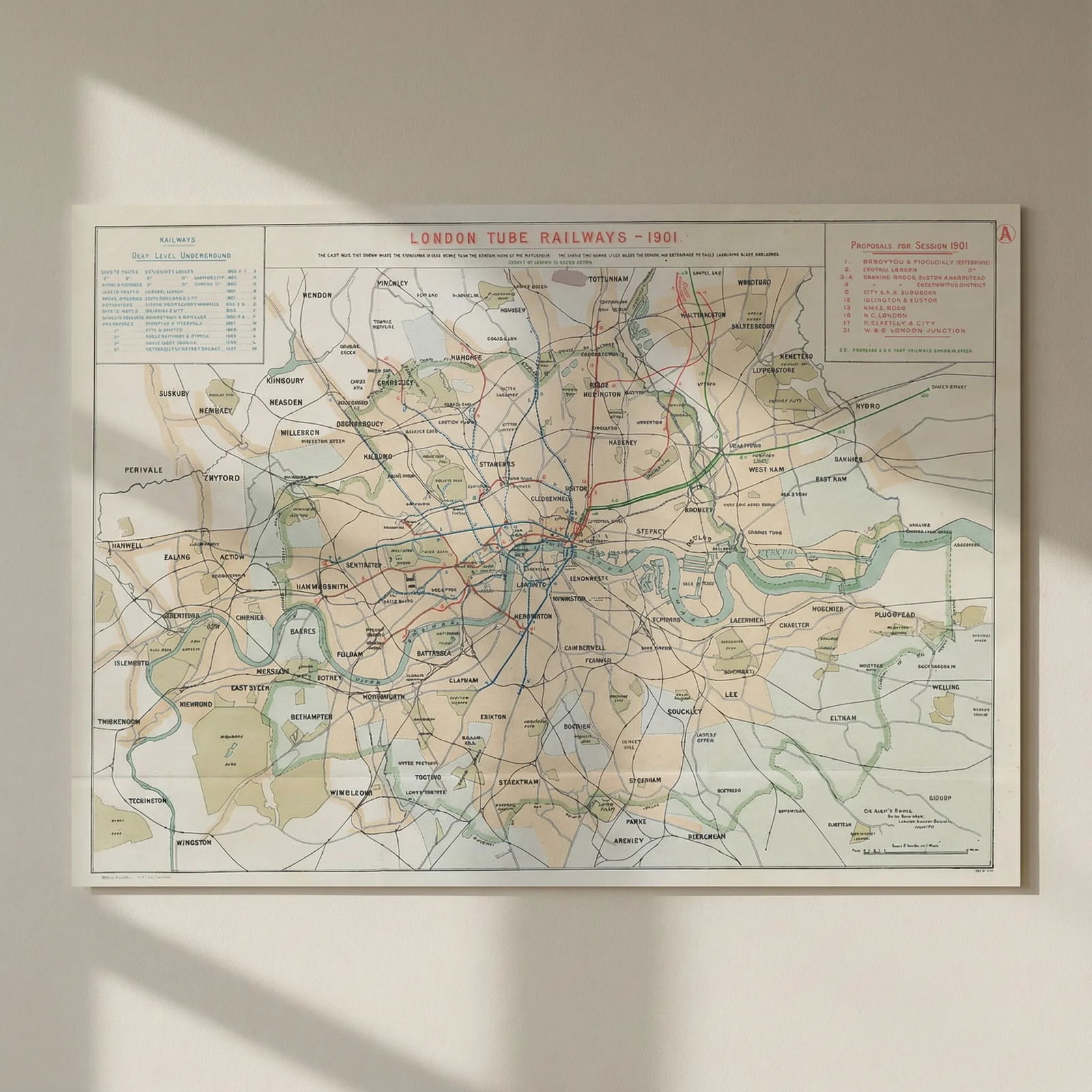 London Tube Railways. 11 proposed new/extended Underground lines HMSO 1901 map: Title: London Tube Railways. 11 proposed new/extended Underground lines HMSO 1901 map Description: London tube railways 1901'. This fascinating map, drafted by the Civil Engineer Sir Alexander Binnie