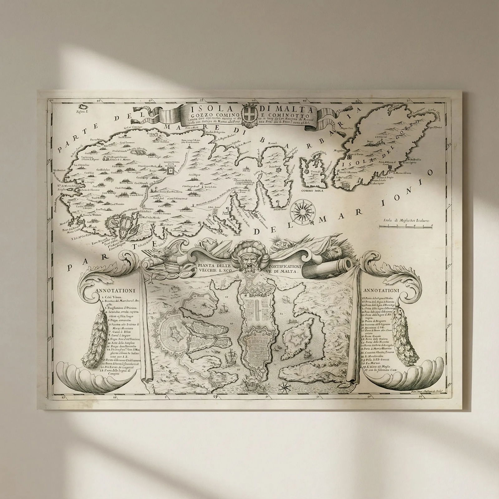 Isola di Malta, Gozo, Comino e Cominotto. DE ROSSI 1686 old antique map chart: Title: Isola di Malta, Gozo, Comino e Cominotto. DE ROSSI 1686 old antique map chart Description: Isola di Malta, Gozo, Comino e Cominotto [The islands of Malta, Gozo, Comino and Cominotto]. Published
