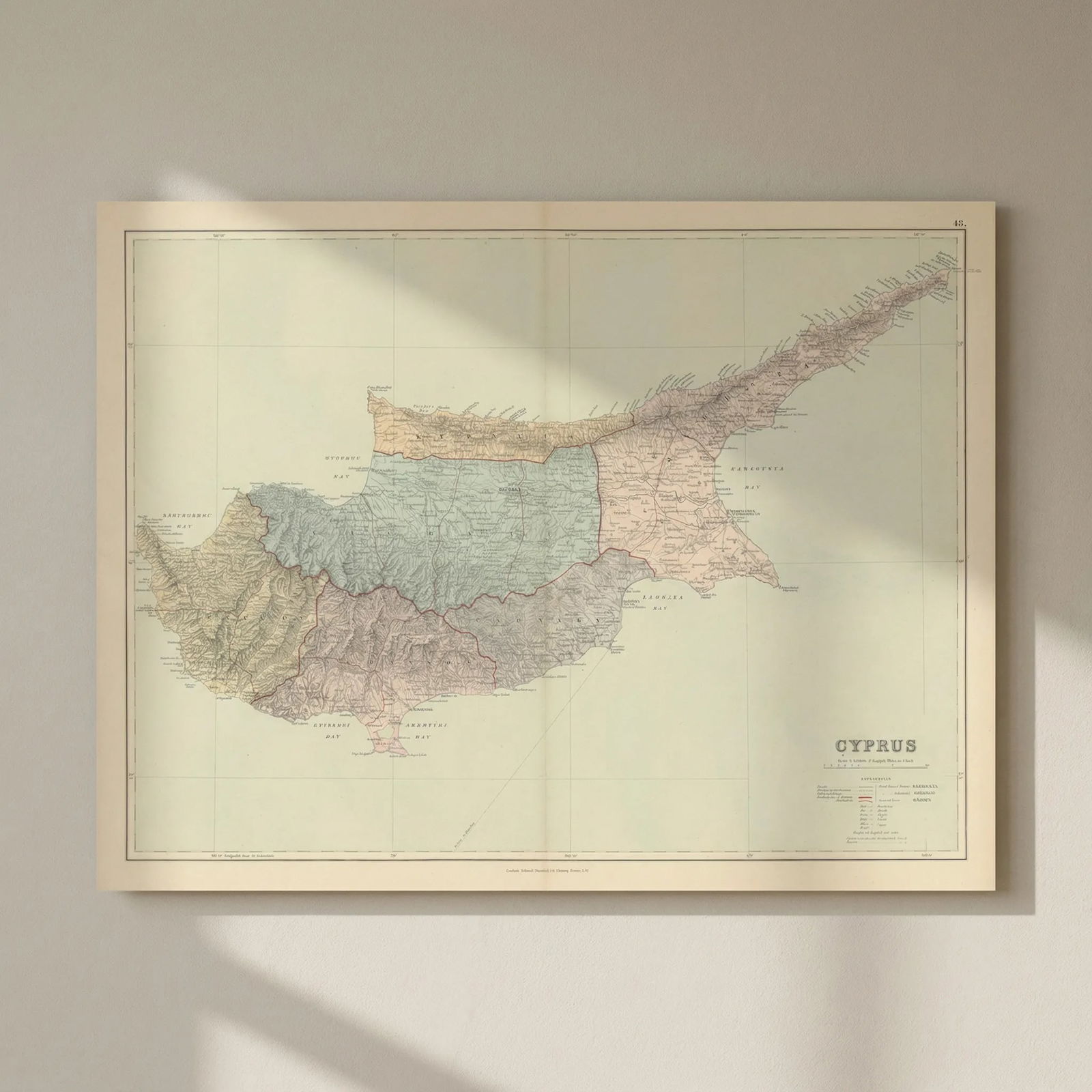 Cyprus. Famagusta Kerynia Larnaca Limassol Nicosia Paphos. STANFORD 1887 map: Title: Cyprus. Famagusta Kerynia Larnaca Limassol Nicosia Paphos. STANFORD 1887 map Description: Cyprus'. Stanford's Geographical Establishment. Published 1887. Large (folio) antique atlas map. Size 5