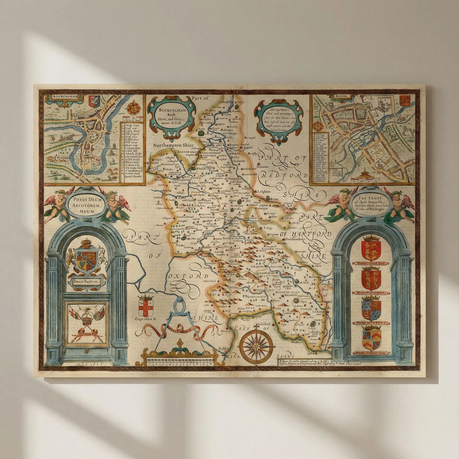 Buckinghamshire county map by John Speed. Bassett & Chiswell edition 1676: Title: Buckinghamshire county map by John Speed. Bassett & Chiswell edition 1676 Description: Buckingham both Shyre, and Shire towne describ.'. The map includes inset plans of the towns of Buckingham