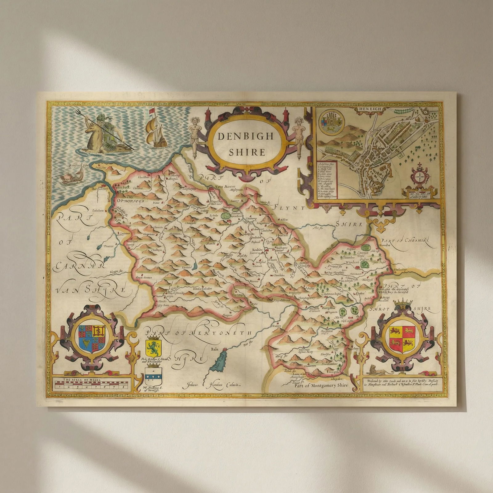 Denbighshire county map by John Speed. Bassett & Chiswell edition 1676 old: Title: Denbighshire county map by John Speed. Bassett & Chiswell edition 1676 old Description: Denbighshire'. The map includes an inset plan of the town of Denbigh . Performed by John Speede and are t