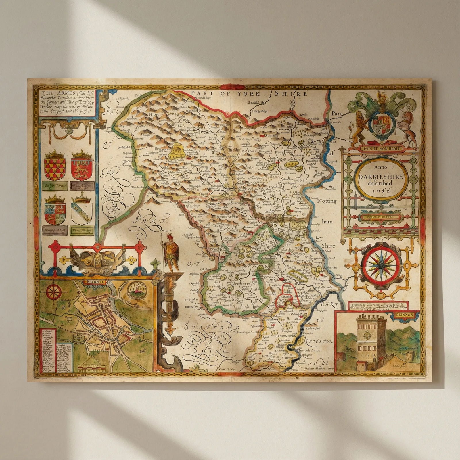 Darbieshire. Derbyshire county map by John Speed. Bassett/Chiswell edition 1676: Title: Darbieshire. Derbyshire county map by John Speed. Bassett/Chiswell edition 1676 Description: Darbieshire described Anno 1666'. The map includes an inset plan of the city of Derby . Performed by