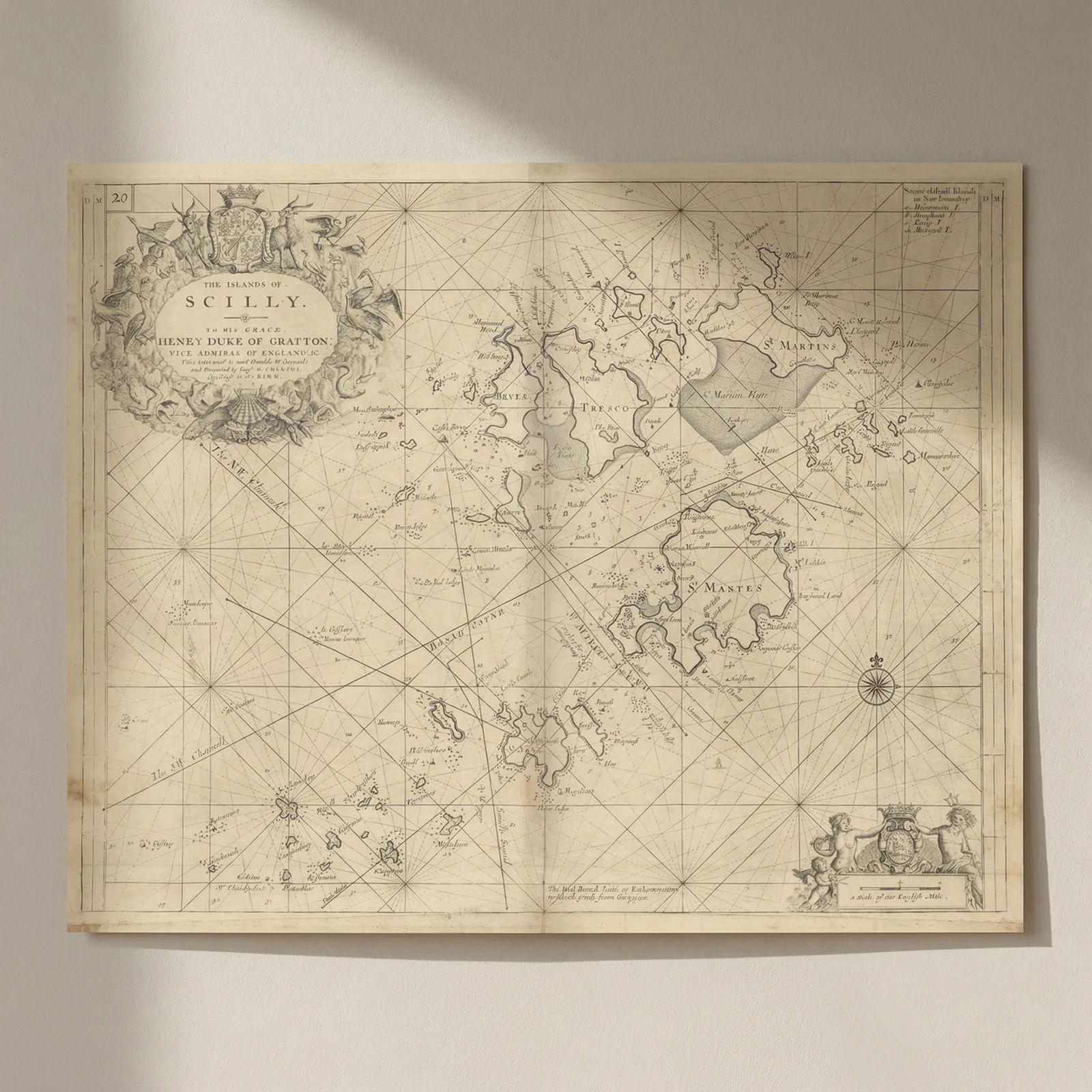 THE ISLANDS OF SCILLY sea chart by Captain Greenvile. COLLINS 1723 old map: Title: THE ISLANDS OF SCILLY sea chart by Captain Greenvile. COLLINS 1723 old map Description: The Islands of Scilly - To His Grace Henry Duke of Grafton; Vice Admiral of England & this chart is m