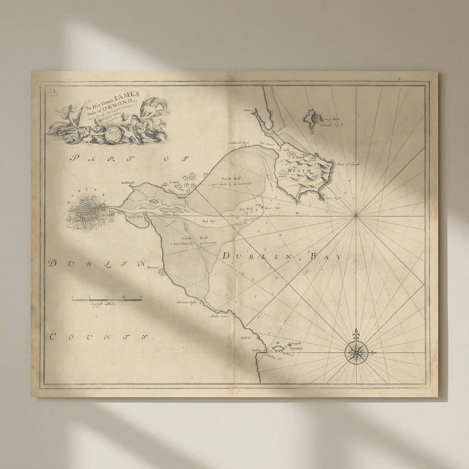 DUBLIN BAY sea chart. Howth Head Dalkey Clontarf Merrion. COLLINS 1723 old map: Title: DUBLIN BAY sea chart. Howth Head Dalkey Clontarf Merrion. COLLINS 1723 old map Description: [Dublin Bay] - To His Grace James Duke of Ormond &c This is humbly dedicated & presented by C