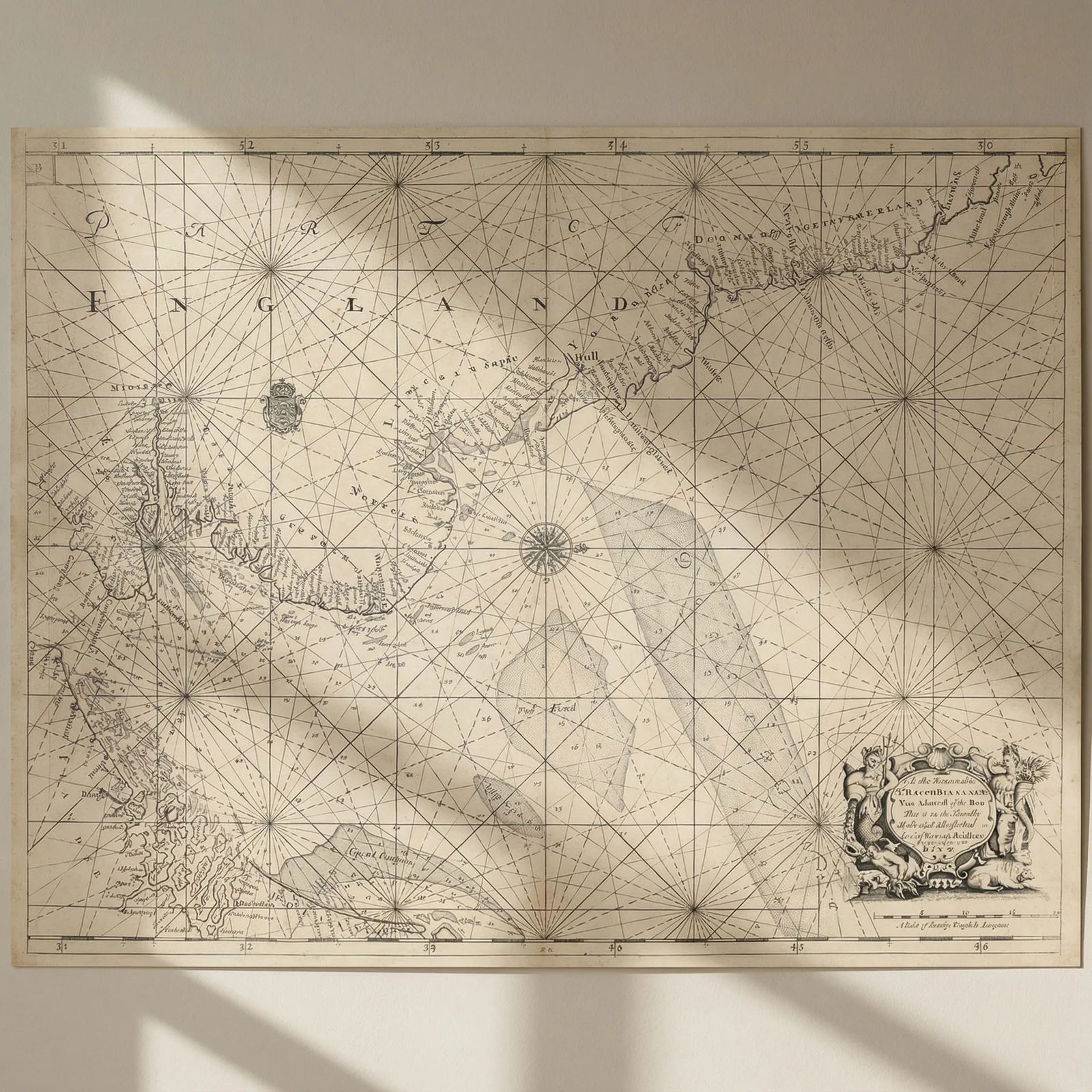NORTH SEA coast chart. East coast of England Holland Flanders. COLLINS 1723 map: Title: NORTH SEA coast chart. East coast of England Holland Flanders. COLLINS 1723 map Description: [The East coast of England and the North Sea] - To the Honourable Sr. Ralph de la Val Kt. Vice Admir