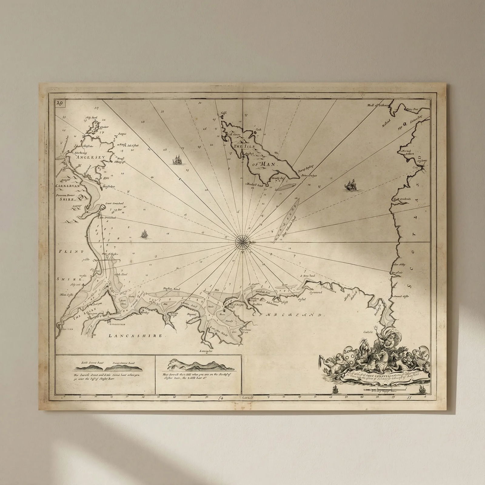 IRISH SEA chart. Lancashire Cumbria North Wales Isle of Man. COLLINS 1723 map: Title: IRISH SEA chart. Lancashire Cumbria North Wales Isle of Man. COLLINS 1723 map Description: [Irish Sea] - To the Honble Sr John Lowther Bart. One of the commissioners for executing the Office of