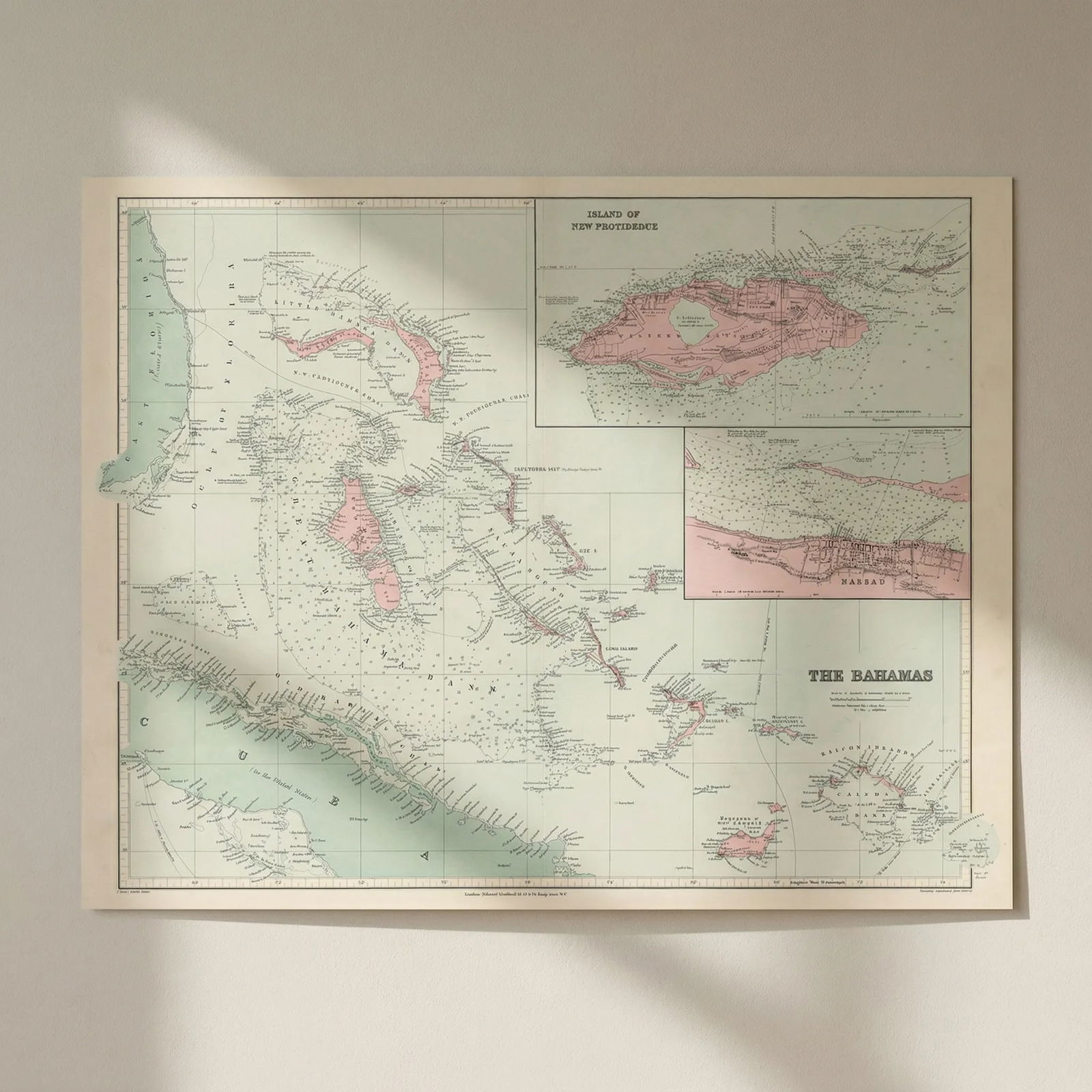 Bahamas. Turks & Caicos. New Providence. Nassau plan. 53x67cm. STANFORD 1904 map: Title: Bahamas. Turks & Caicos. New Providence. Nassau plan. 53x67cm. STANFORD 1904 map Description: The Bahamas // Island of New Providence'. Stanford's Geographical Establishment. Published 1904. La