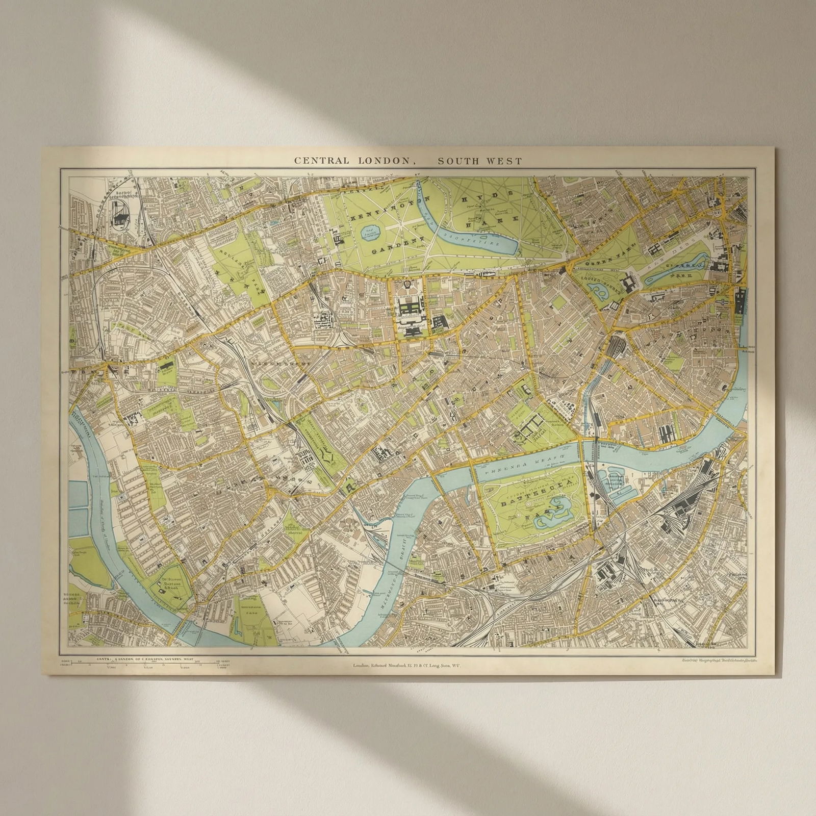 Central London S.W. Battersea Chelsea Kensington Westminster. STANFORD 1904 map: Title: Central London S.W. Battersea Chelsea Kensington Westminster. STANFORD 1904 map Description: Central London, South West'. Stanford's Geographical Establishment. Published 1904. Large (folio) an