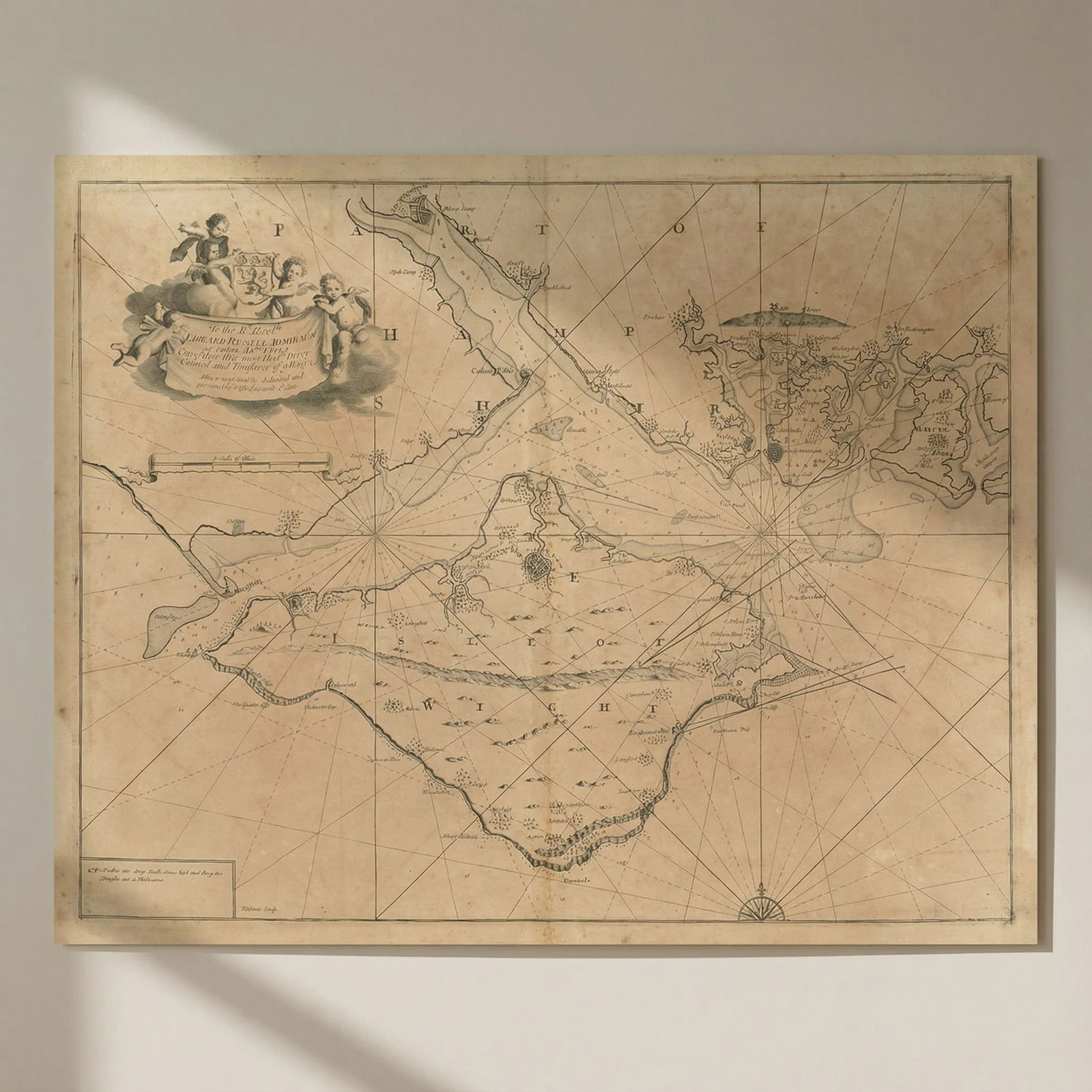 Isle of Wight & Solent. Portsmouth Langstone Harbour Hayling. COLLINS 1693 map: Title: Isle of Wight & Solent. Portsmouth Langstone Harbour Hayling. COLLINS 1693 map Description: [The Isle of Wight and the Solent] - To the Rt Honble. Edward Russell, Admirall of Their Ma[jes]ties.