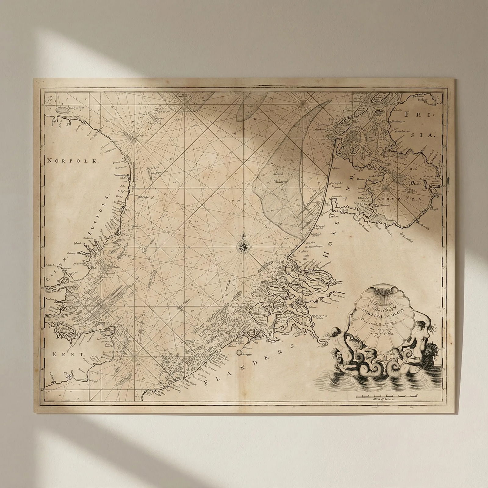 NORTH SEA coast chart. East Anglia Kent Holland Flanders. COLLINS 1693 old map: Title: NORTH SEA coast chart. East Anglia Kent Holland Flanders. COLLINS 1693 old map Description: [East Anglia, Kent, the North Sea & Holland] - To the Honourable Sr. John Ashby Kt. Admiral of th
