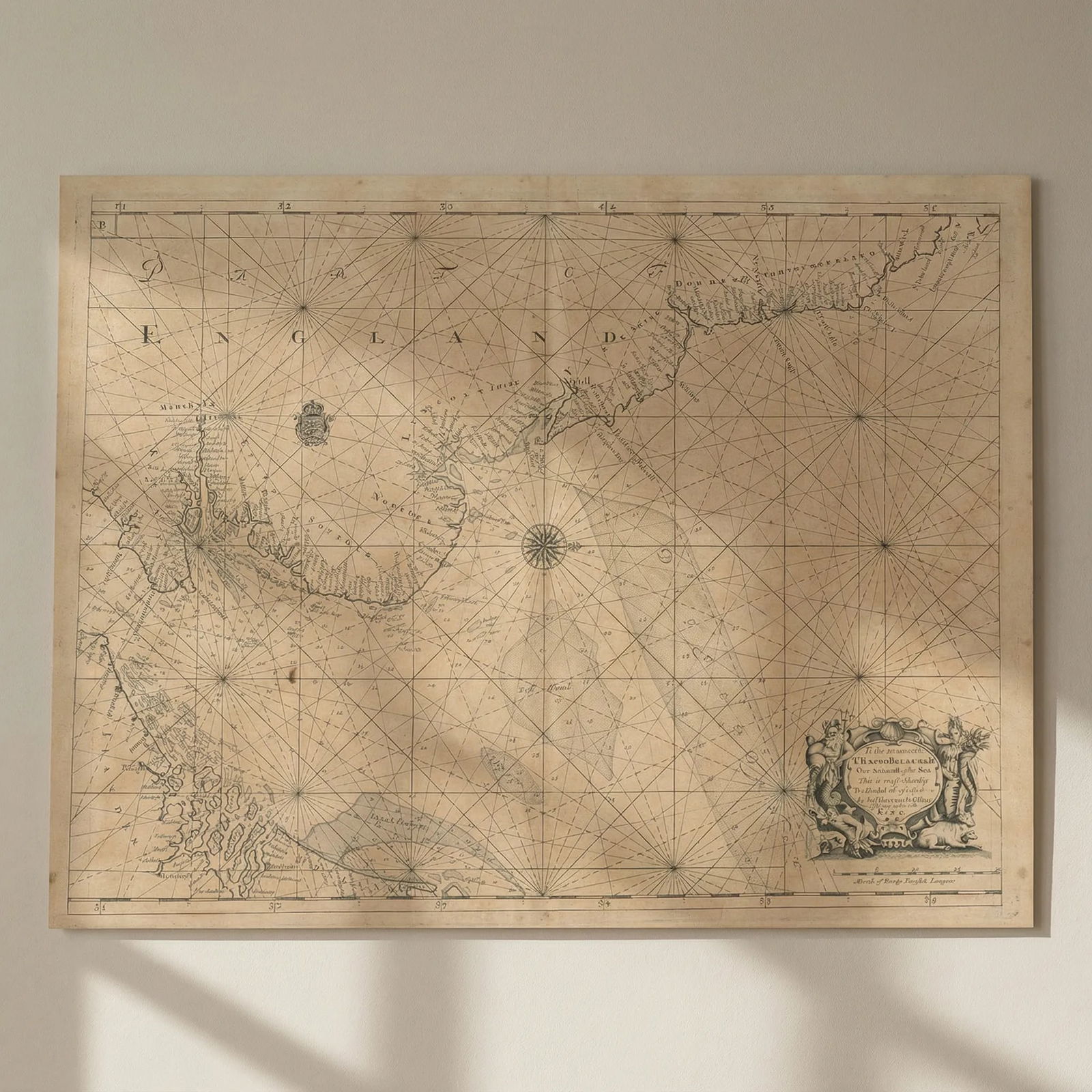 NORTH SEA coast chart. East coast of England Holland Flanders. COLLINS 1693 map: Title: NORTH SEA coast chart. East coast of England Holland Flanders. COLLINS 1693 map Description: [The East coast of England and the North Sea] - To the Honourable Sr. Ralph de la Val Kt. Vice Admir