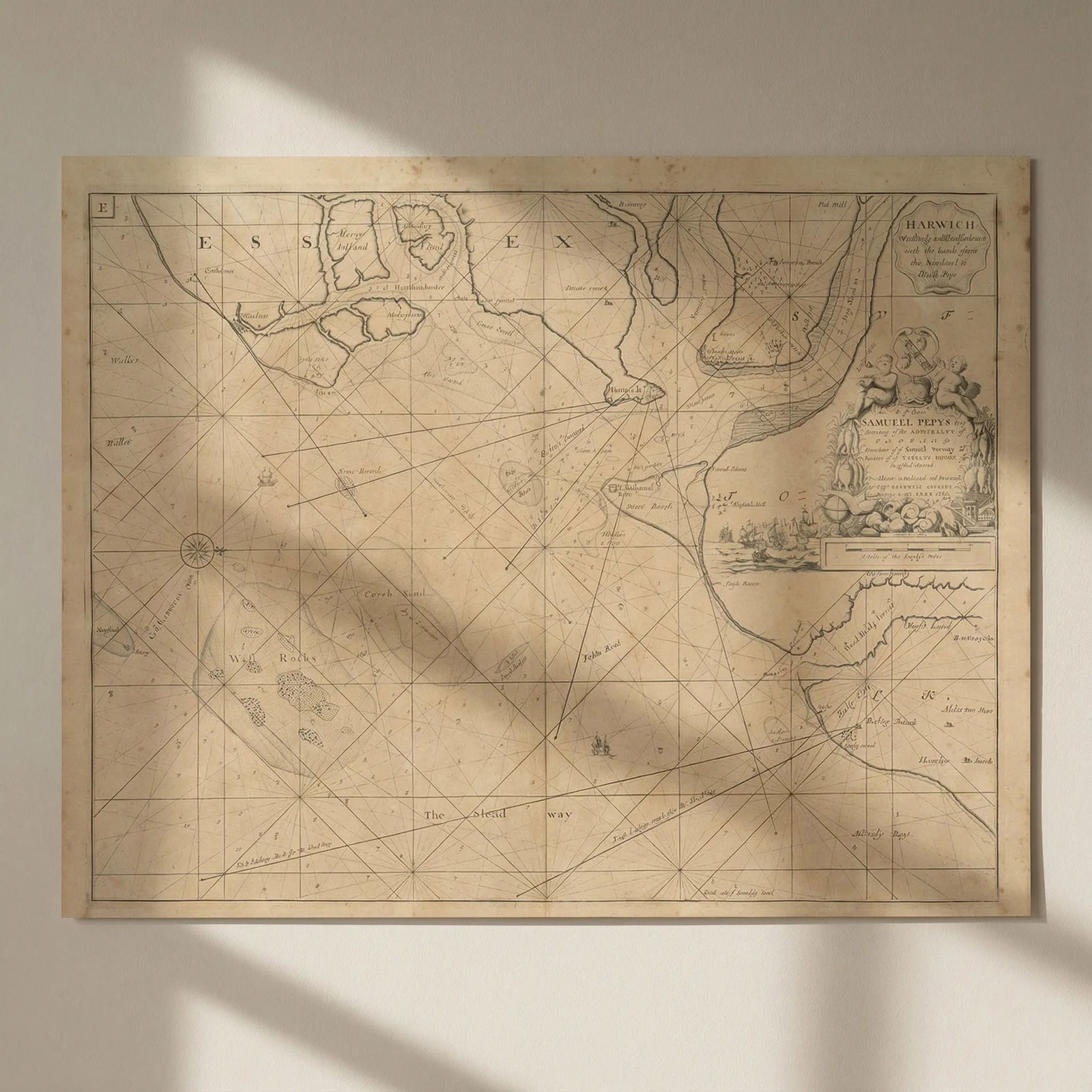HARWICH, Orwell, Stour, Deben & Hamford Water sea chart. COLLINS 1693 old map: Title: HARWICH, Orwell, Stour, Deben & Hamford Water sea chart. COLLINS 1693 old map Description: Harwich, Woodbridg and Handfordwater, with the Sands from the Nazeland and to Hosely Bay - To the Honb