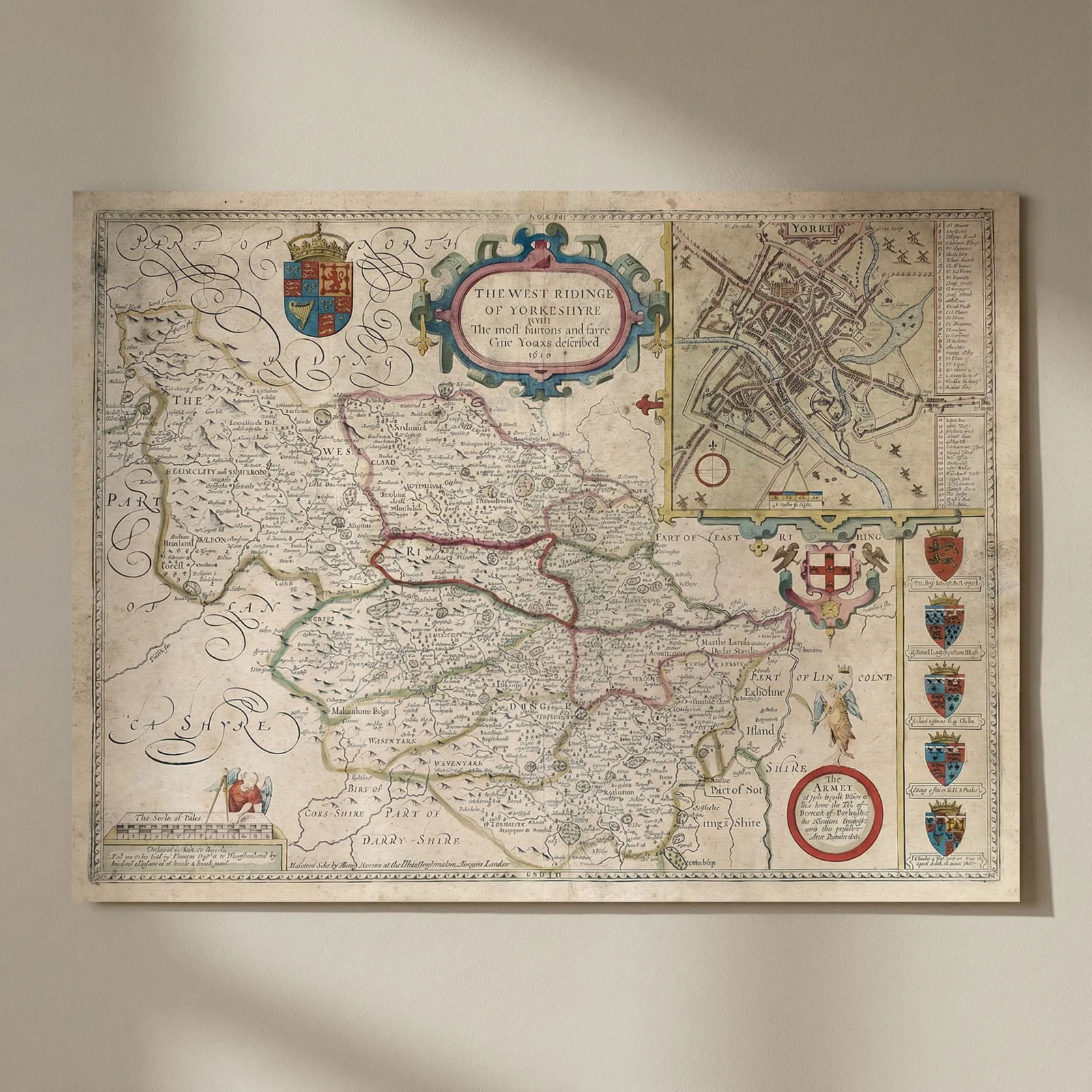 Yorkeshyre. Yorkshire West Riding county map by John Speed. Overton edition 1710: Title: Yorkeshyre. Yorkshire West Riding county map by John Speed. Overton edition 1710 Description: The West Ridinge of Yorkeshyre with the most famous and fayre Citie Yorke described 1610'. The map