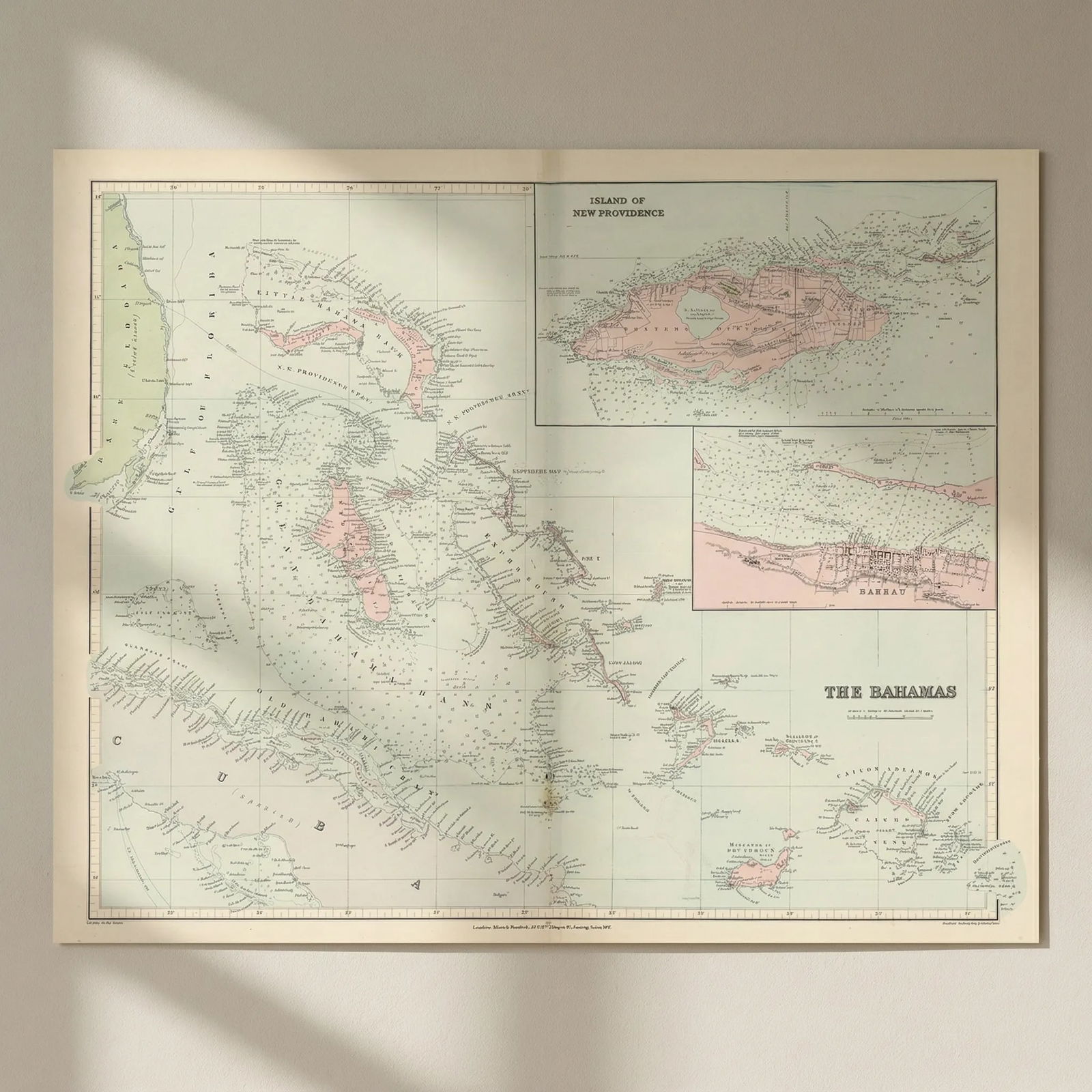 Bahamas. Turks & Caicos. New Providence. Nassau plan. 53x67cm. STANFORD 1896 map: Title: Bahamas. Turks & Caicos. New Providence. Nassau plan. 53x67cm. STANFORD 1896 map Description: The Bahamas // Island of New Providence // Nassau'. Stanford's Geographical Establishment. Publishe