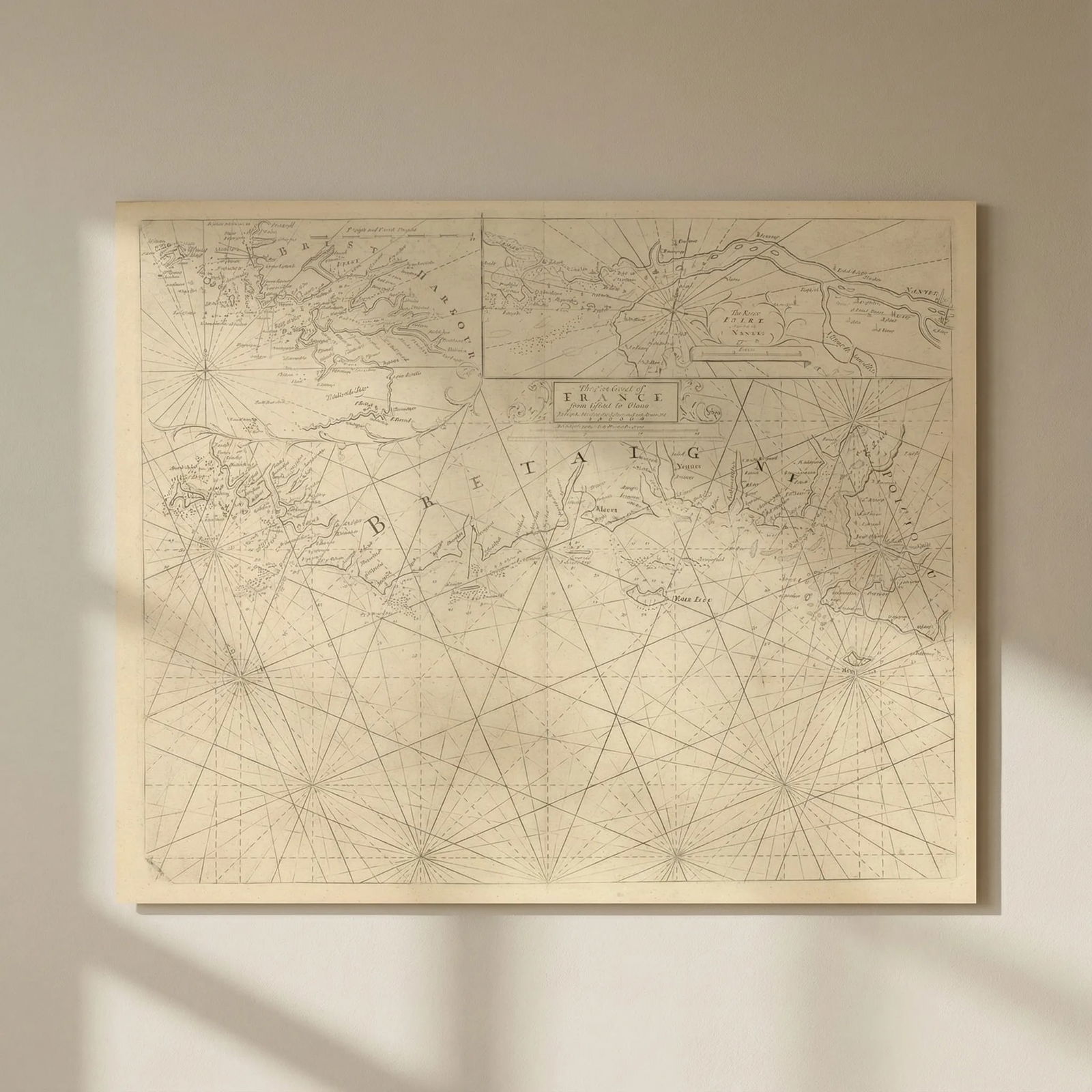 The Sea Coast of France from Ushent to Olone [Olonne]. MOUNT & PAGE 1758 map: Title: The Sea Coast of France from Ushent to Olone [Olonne]. MOUNT & PAGE 1758 map Description: The Sea Coast of France from Ushent to Olone'. Antique folio sea chart of the west coast of Brittany fr