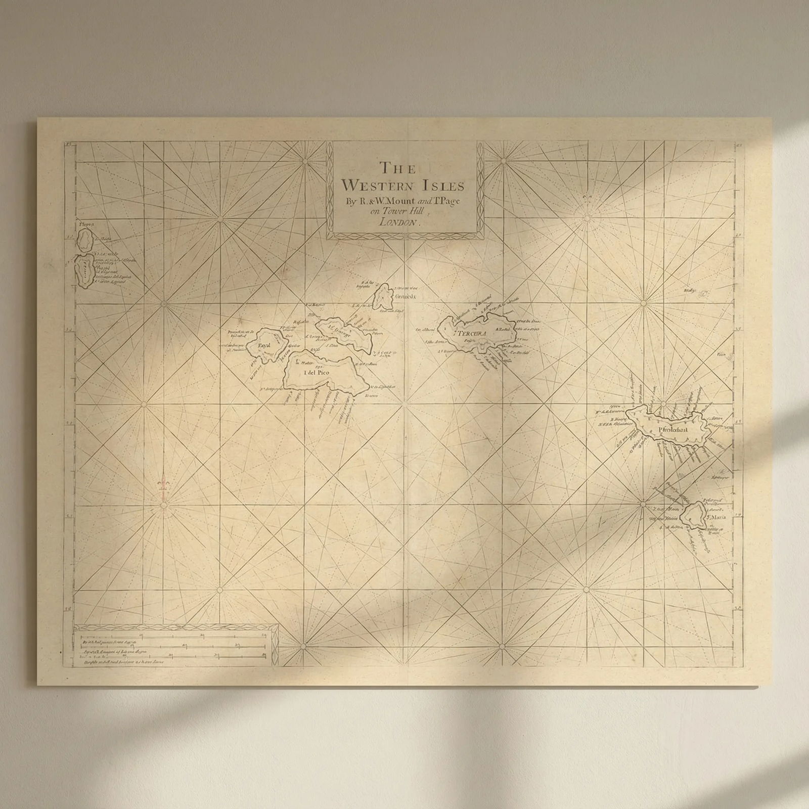 The Western Isles. Antique sea chart of the Azores. MOUNT & PAGE 1758 old map: Title: The Western Isles. Antique sea chart of the Azores. MOUNT & PAGE 1758 old map Description: The Western Isles'. Antique folio sea chart of the Azores, including the islands of Corvo, Faial, Flor