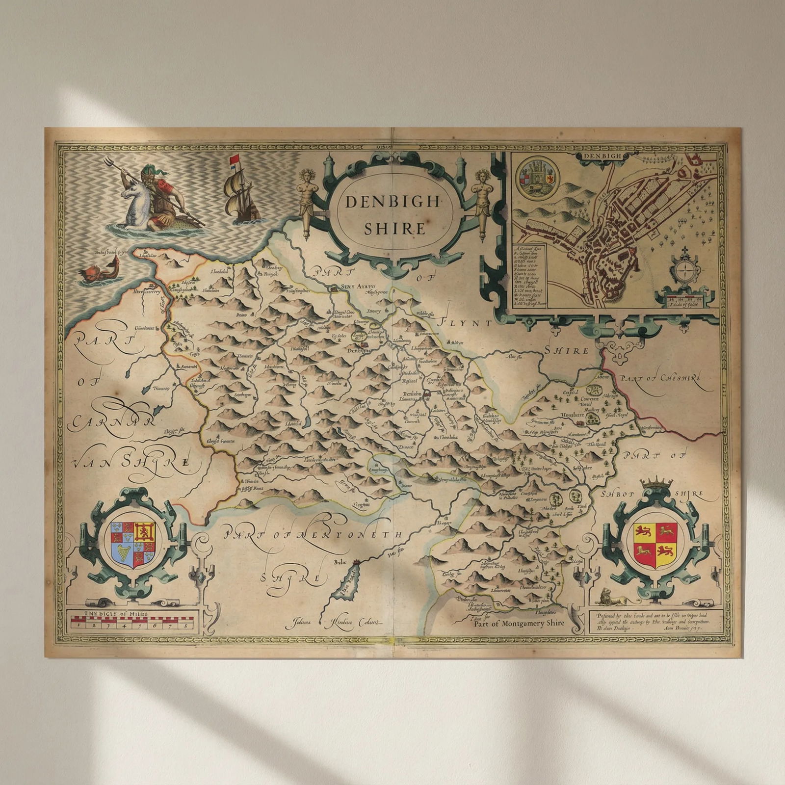 Denbighshire county map by John Speed. Sudbury & Humble edition c1627 old: Title: Denbighshire county map by John Speed. Sudbury & Humble edition c1627 old Description: Denbighshire'. The map includes an inset plan of the town of Denbigh . Performed by John Speede and are to