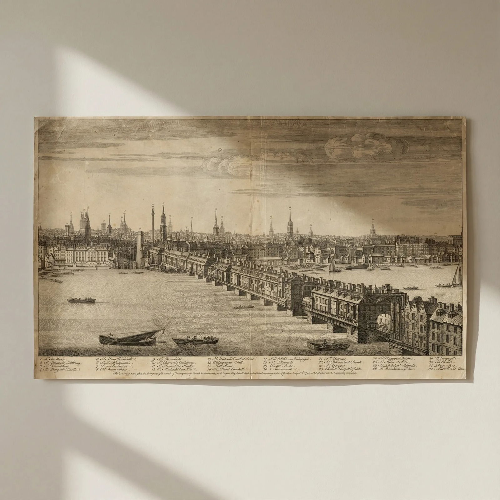 Part Panorama of the City & London Bridge. 53x33cm. Samuel & Nathaniel Buck 1749: Title: Part Panorama of the City & London Bridge. 53x33cm. Samuel & Nathaniel Buck 1749 Description: [Part Panorama of the River Thames, London Bridge and the City of London from St Mary Overy]. This