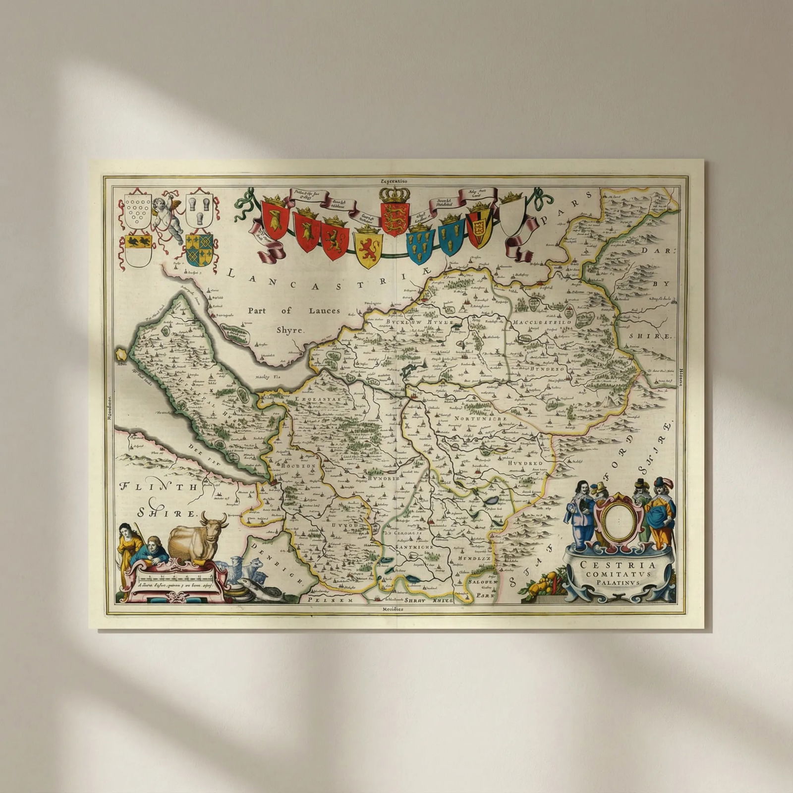 Cestria Comitatus Palatinus. Cheshire county map by Blaeu 1645 old antique: Title: Cestria Comitatus Palatinus. Cheshire county map by Blaeu 1645 old antique Description: Cestria Comitatus Palatinus [Cheshire]. Joan/Johannes Blaeu. Published 1645. Original large folio 17th ce