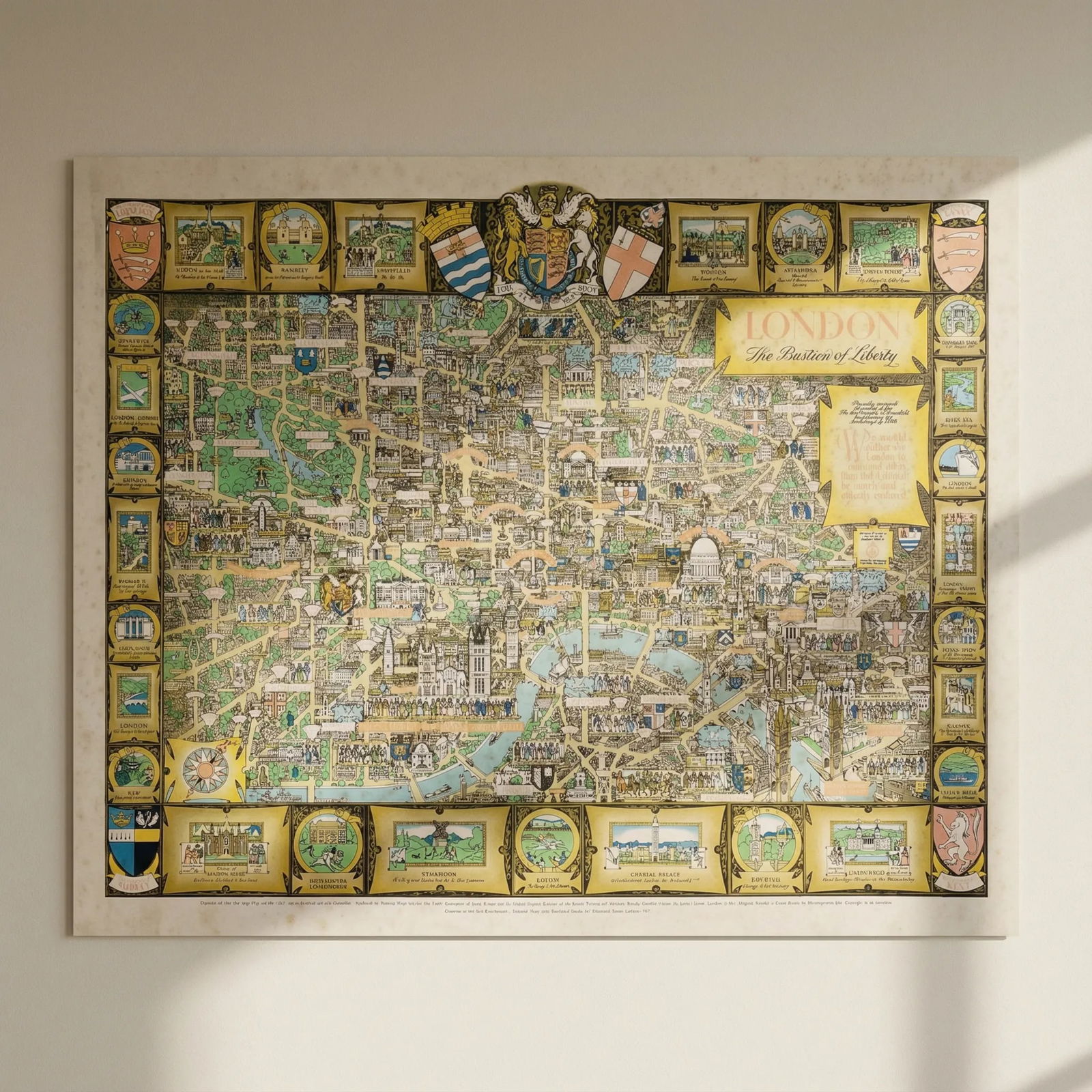 London - The Bastion of Liberty. Pictorial map by Kerry Lee c1946 old: Title: London - The Bastion of Liberty. Pictorial map by Kerry Lee c1946 old Description: London - The Bastion of Liberty'. A decorative mid-century pictorial bird's eye view map of London and Westmin