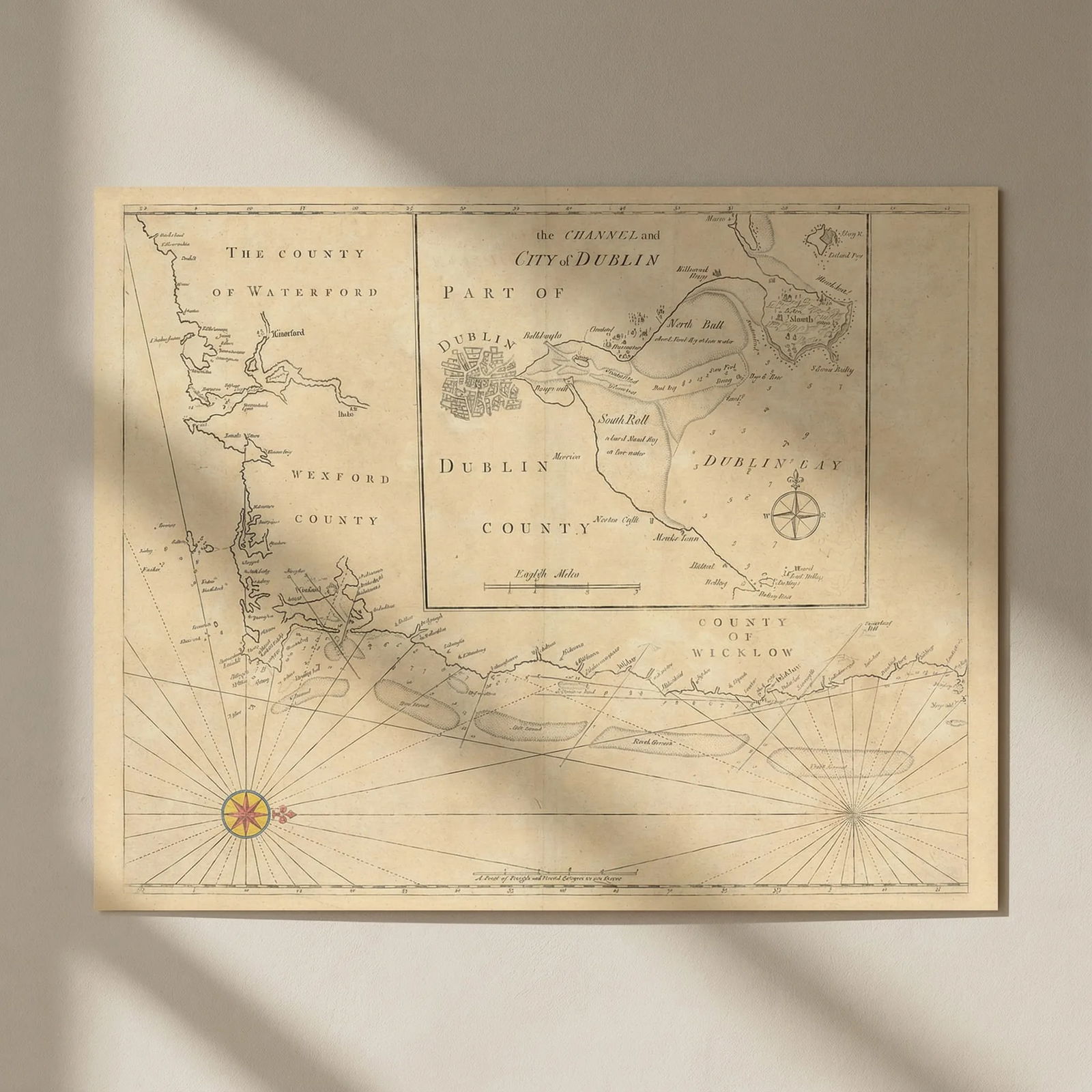 Coast of Waterford, Wexford & Wicklow, and Dublin Bay. MOUNT & PAGE 1758 map: Title: Coast of Waterford, Wexford & Wicklow, and Dublin Bay. MOUNT & PAGE 1758 map Description: [The coastline of Waterford, Wexford and Wicklow with an inset map of Dublin and Dublin Bay]. Antique f