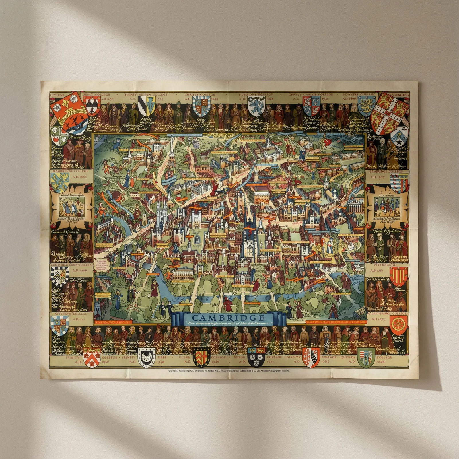 Cambridge "This immense & glorious work…" Kerry Lee folding pictorial map 1948: Title: Cambridge "This immense & glorious work…" Kerry Lee folding pictorial map 1948 Description: Cambridge "This immense & glorious work of fine intelligence…"'. A large original pro