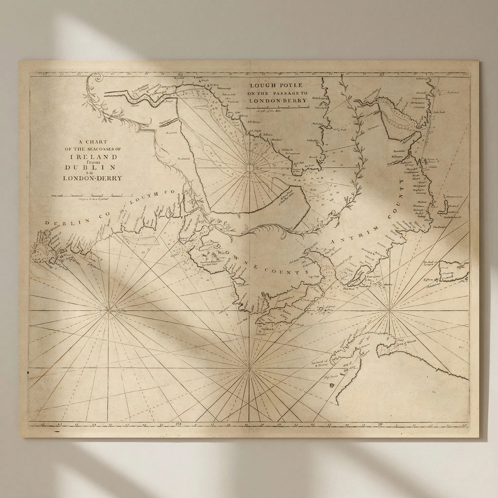 The Seacoasts of Ireland from Dublin to London-Derry. MOUNT & PAGE 1758 map: Title: The Seacoasts of Ireland from Dublin to London-Derry. MOUNT & PAGE 1758 map Description: A Chart of the Seacoasts of Ireland from Dublin to London-Derry // Lough Foyle or the passage to London-