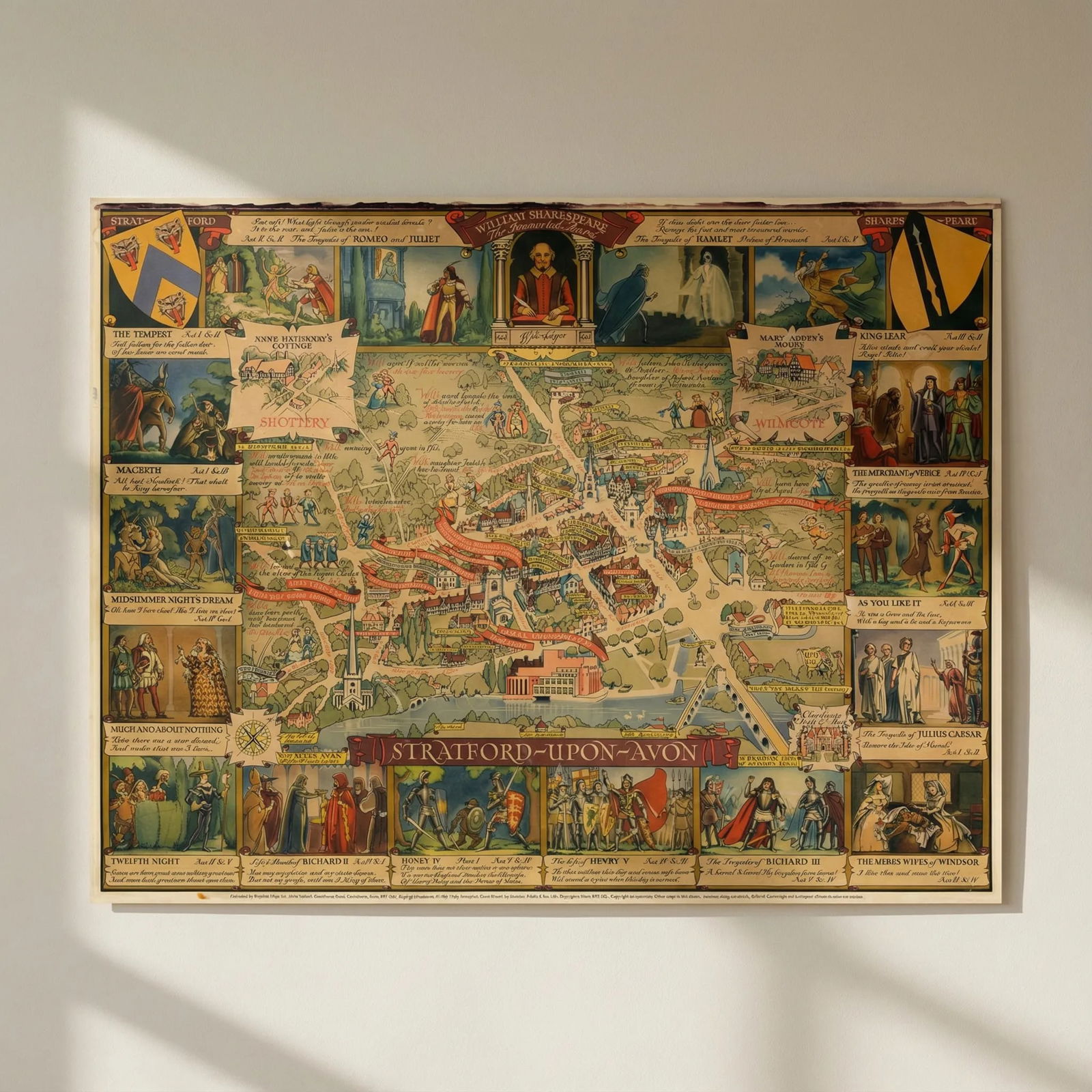 Stratford-upon-Avon & William Shakespeare's life. Kerry Lee pictorial map c1965: Title: Stratford-upon-Avon & William Shakespeare's life. Kerry Lee pictorial map c1965 Description: Stratford-upon-Avon - William Shakespeare, The Immortal Bard'. Kerry Lee's decorative mid-century pi