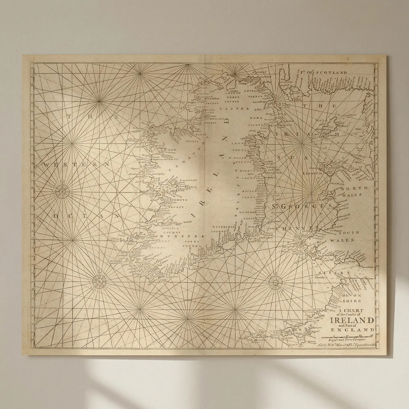 A Chart of the Coasts of Ireland & part of England. Wales. MOUNT & PAGE 1758 map: Title: A Chart of the Coasts of Ireland & part of England. Wales. MOUNT & PAGE 1758 map Description: A Chart of the Coasts of Ireland and part of England'. Antique folio sea chart of Ireland, and the