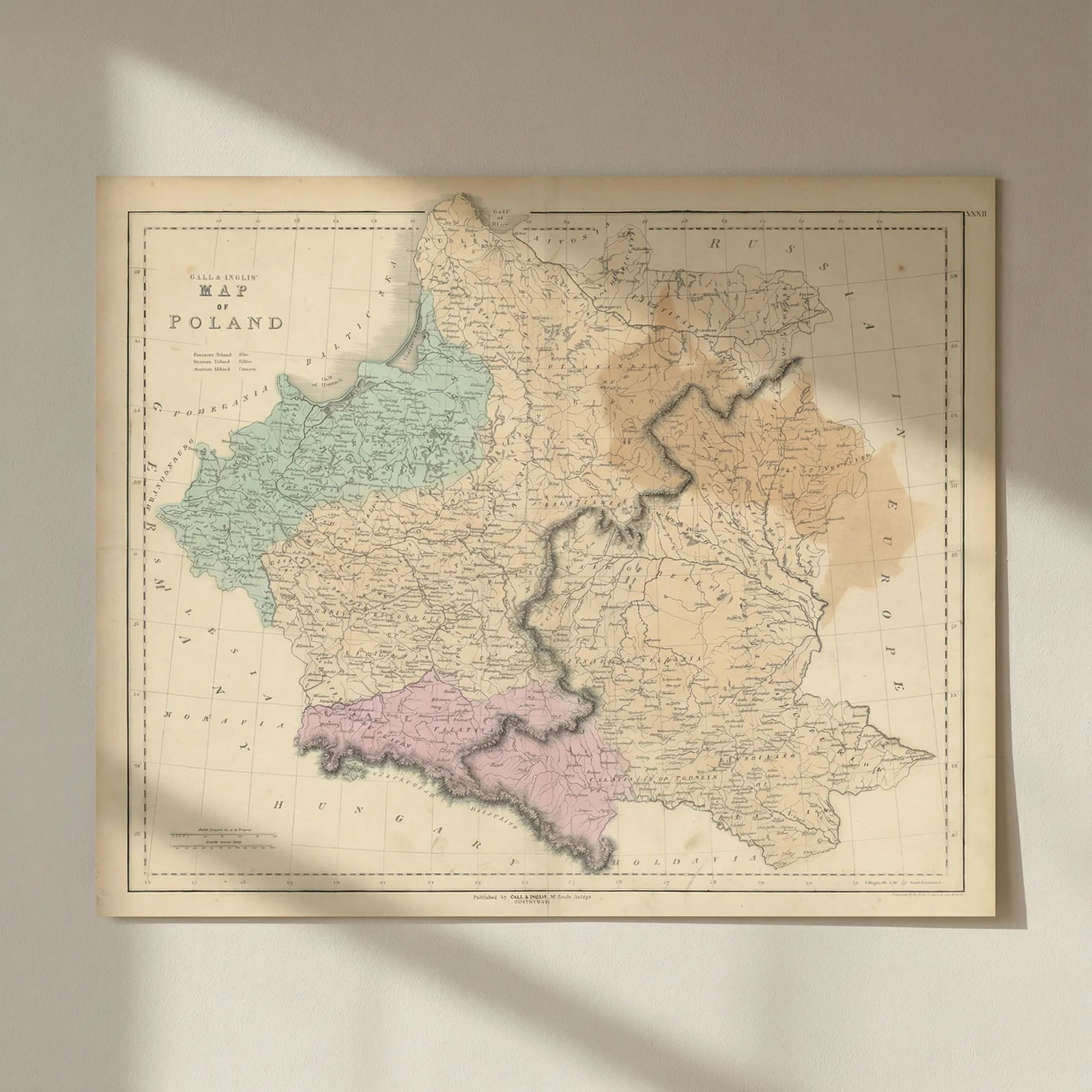 Gall & Inglis' Map of Poland, showing Russian, Prussian & Austria divisions 1850: Title: Gall & Inglis' Map of Poland, showing Russian, Prussian & Austria divisions 1850 Description: Gall & Inglis' Map of Poland'. An unusual map depicting the entirety of Poland during the mid-1