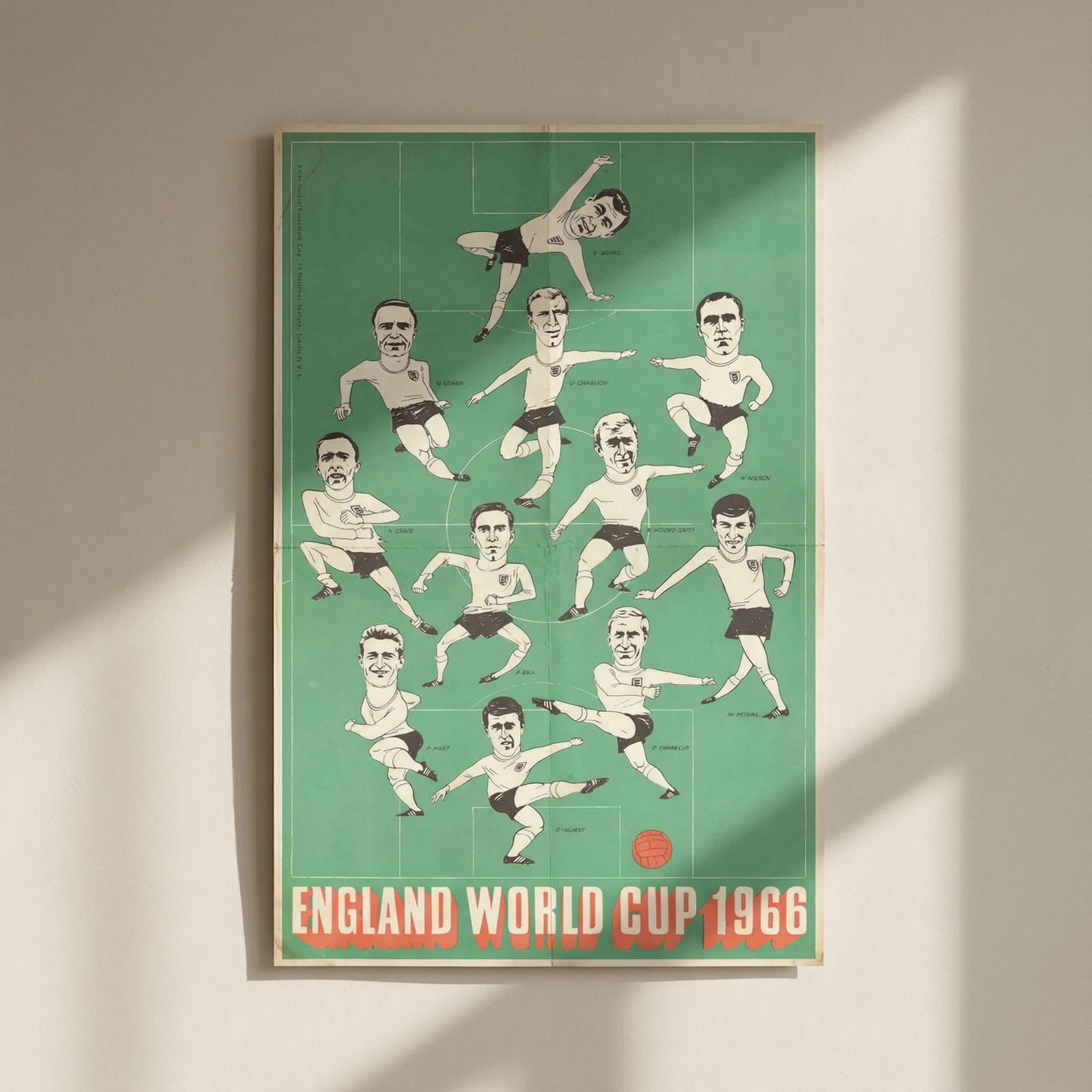 England 1966 World Cup Final starting XI. Vintage football poster 1966 print: Title: England 1966 World Cup Final starting XI. Vintage football poster 1966 print Description: England World Cup 1966 [Final Starting XI - Alan Ball, Bobby Charlton, Bobby Moore, Geoff Hurst, George