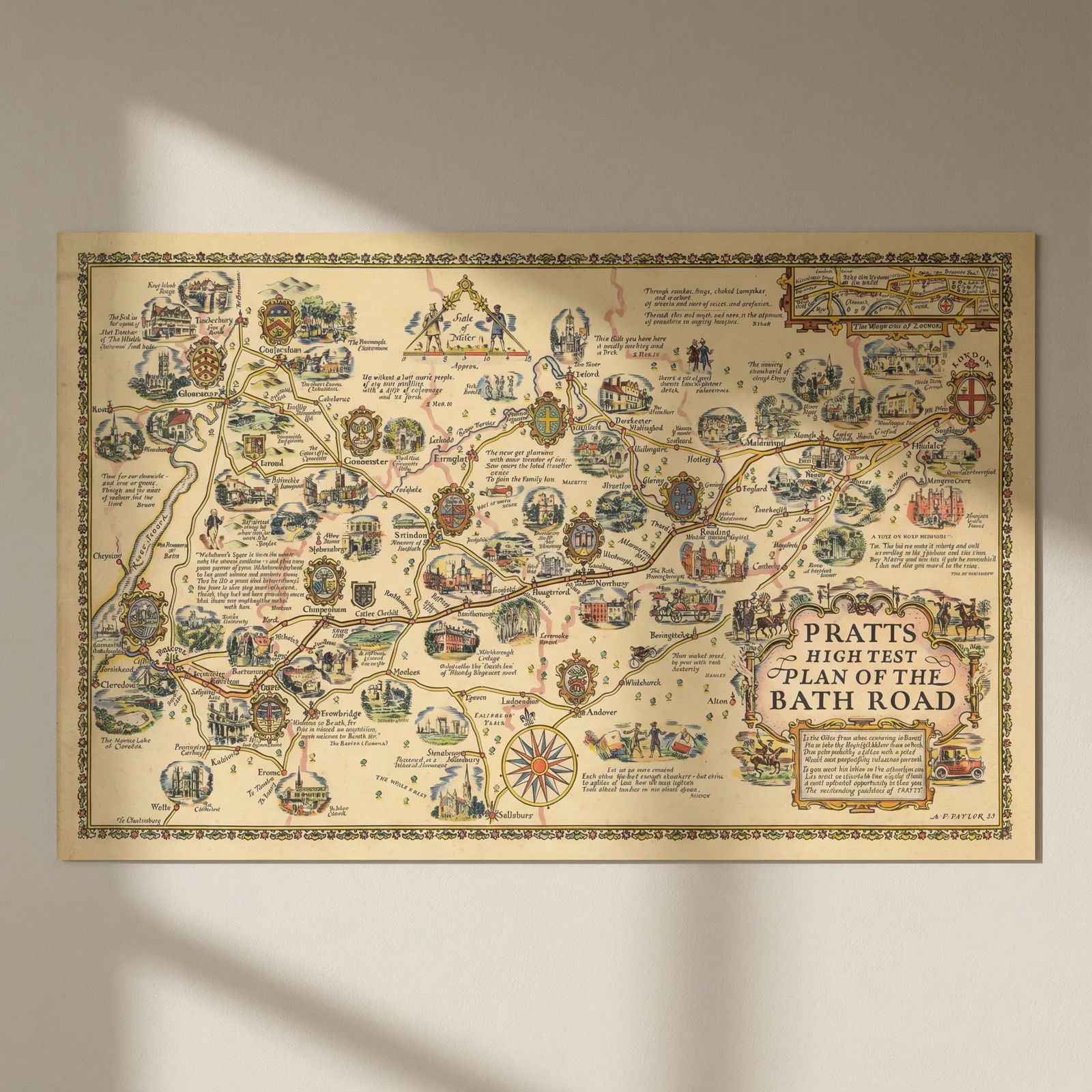 Pratts High Test Plan of the Bath Road. Pictorial map by Alfred Taylor 1930: Title: Pratts High Test Plan of the Bath Road. Pictorial map by Alfred Taylor 1930 Description: Pratts High Test Plan of the Bath Road'. One of a series of attractive pictorial road maps published by