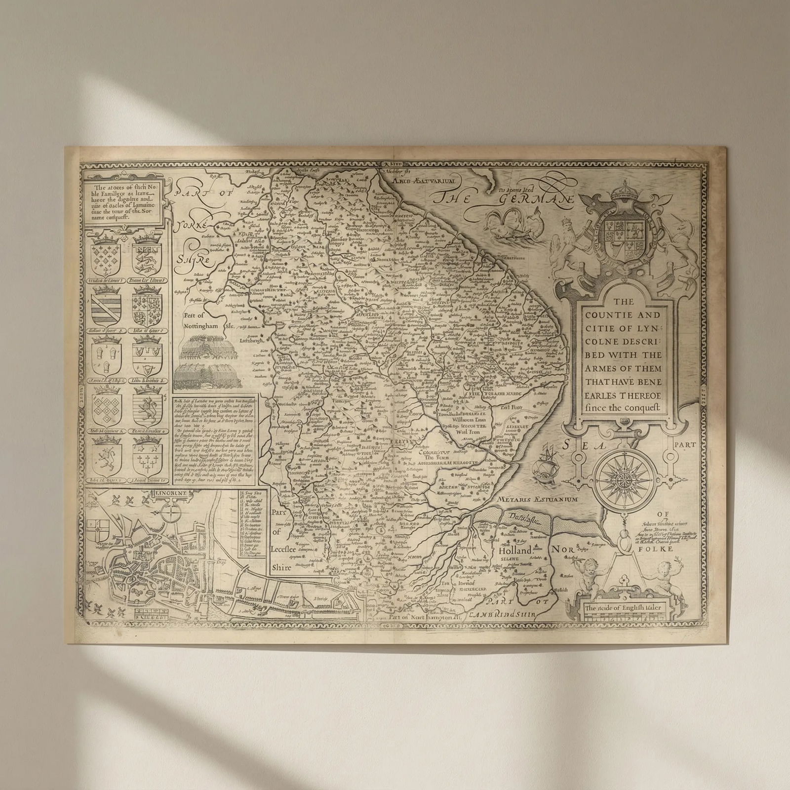 Countie… of Lyncolne. John Speed Lincolnshire map. Bassett/Chiswell edition 1676: Title: Countie… of Lyncolne. John Speed Lincolnshire map. Bassett/Chiswell edition 1676 Description: The Countie and Citie of Lyncolne Described with the Armes of them that have bene Earles ther