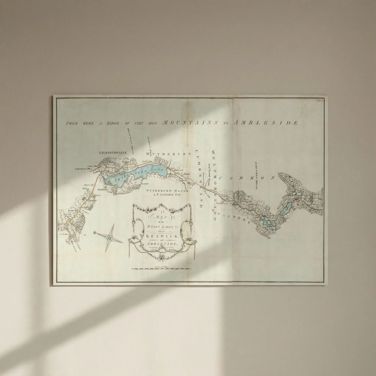 Roads & Lakes between Keswick & Ambleside by James Clarke. Thirlmere 1789 map: Title: Roads & Lakes between Keswick & Ambleside by James Clarke. Thirlmere 1789 map Description: A map of the Roads, Lakes, etc., between Keswick and Ambleside'. A map of the road from Keswick to Amb