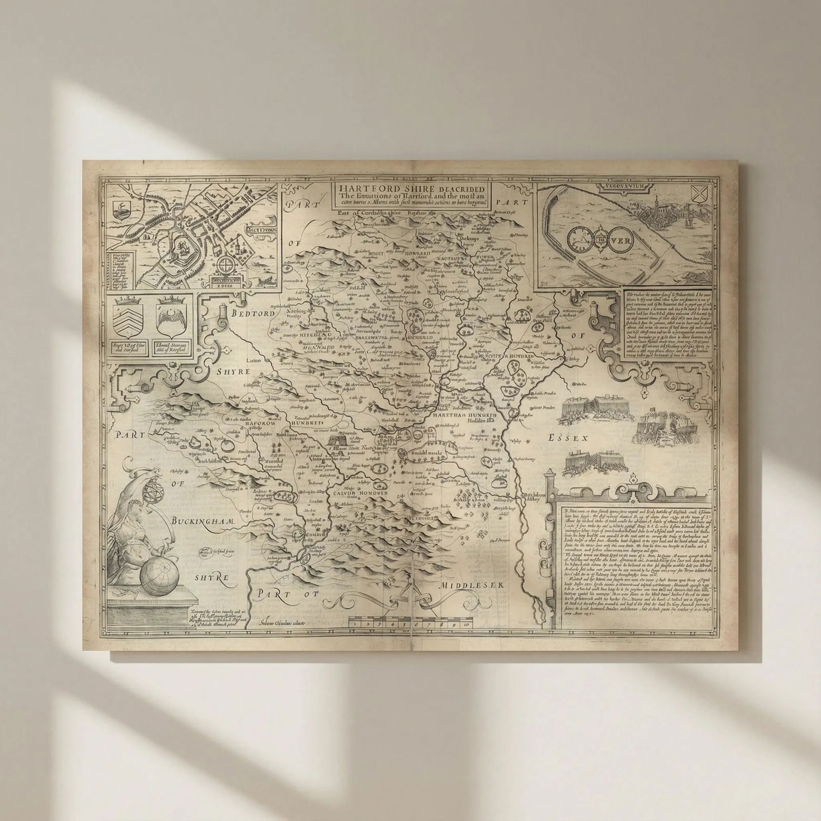 Hartford Shire. Hertfordshire map by John Speed. Bassett & Chiswell edition 1676: Title: Hartford Shire. Hertfordshire map by John Speed. Bassett & Chiswell edition 1676 Description: Hartford Shire Described. The Sittuations of Hartford and the most ancient towne St Albons with suc