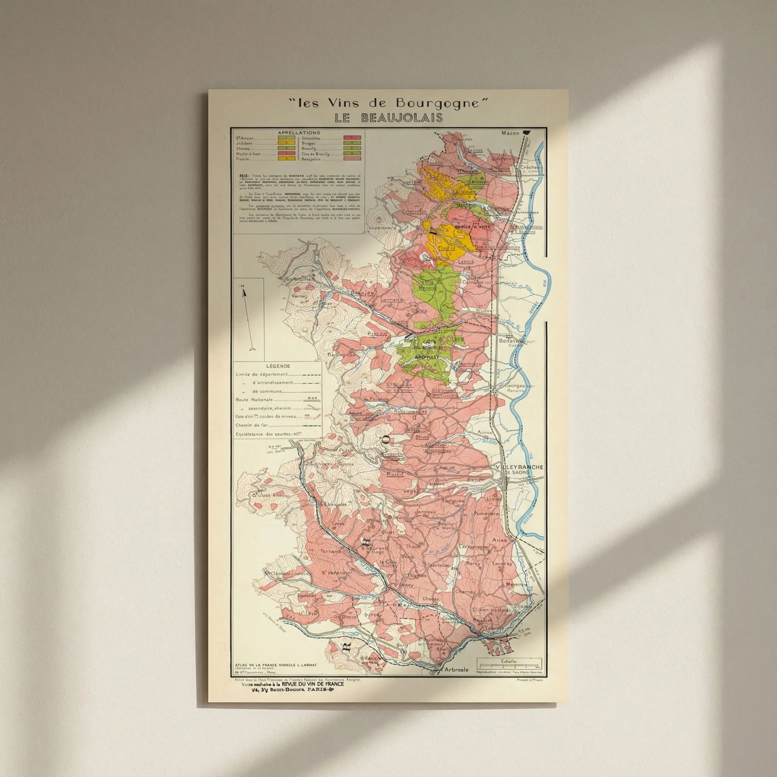 BURGUNDY BOURGOGNE WINE MAP Beaujolais appellations.Fleurie Brouilly LARMAT 1953: Title: BURGUNDY BOURGOGNE WINE MAP Beaujolais appellations.Fleurie Brouilly LARMAT 1953 Description: "Les Vins de Bourgogne" - Le Beaujolais'. The map shows the appellations of St Amour, Juliénas