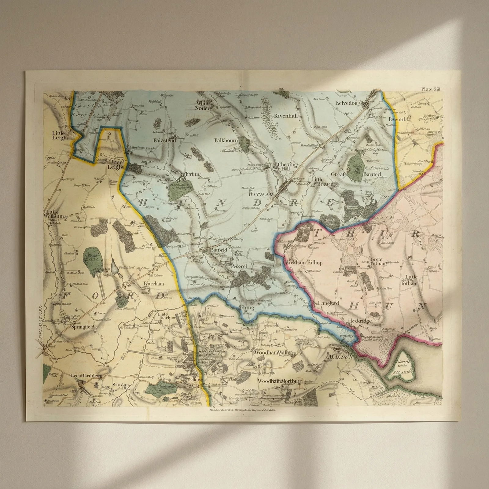 Essex E #13 Maldon Gt. Baddow Springfield Witham Tiptree. Chapman/André 1777 map: Title: Essex E #13 Maldon Gt. Baddow Springfield Witham Tiptree. Chapman/André 1777 map Description: Plate XIII [Maldon, Wickham Bishops, Great Totham, Little Totham, Little Baddow, Great Baddow,