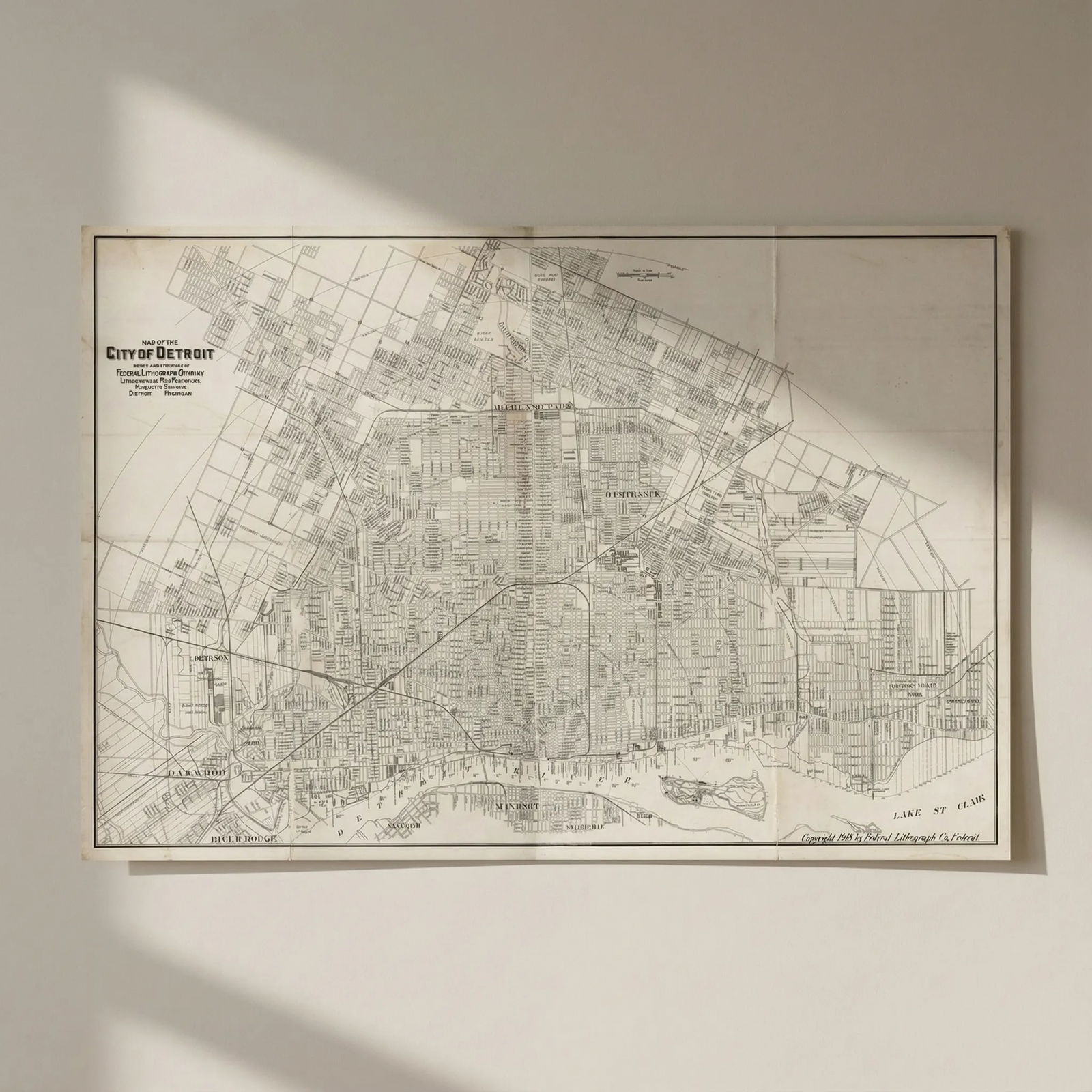Large wall map of the City of Detroit. 27x40 inches. Federal Litho. Co. 1918: Title: Large wall map of the City of Detroit. 27x40 inches. Federal Litho. Co. 1918 Description: Map of the City of Detroit'. Drawn and published by Federal Lithograph Company lithographers and map pu