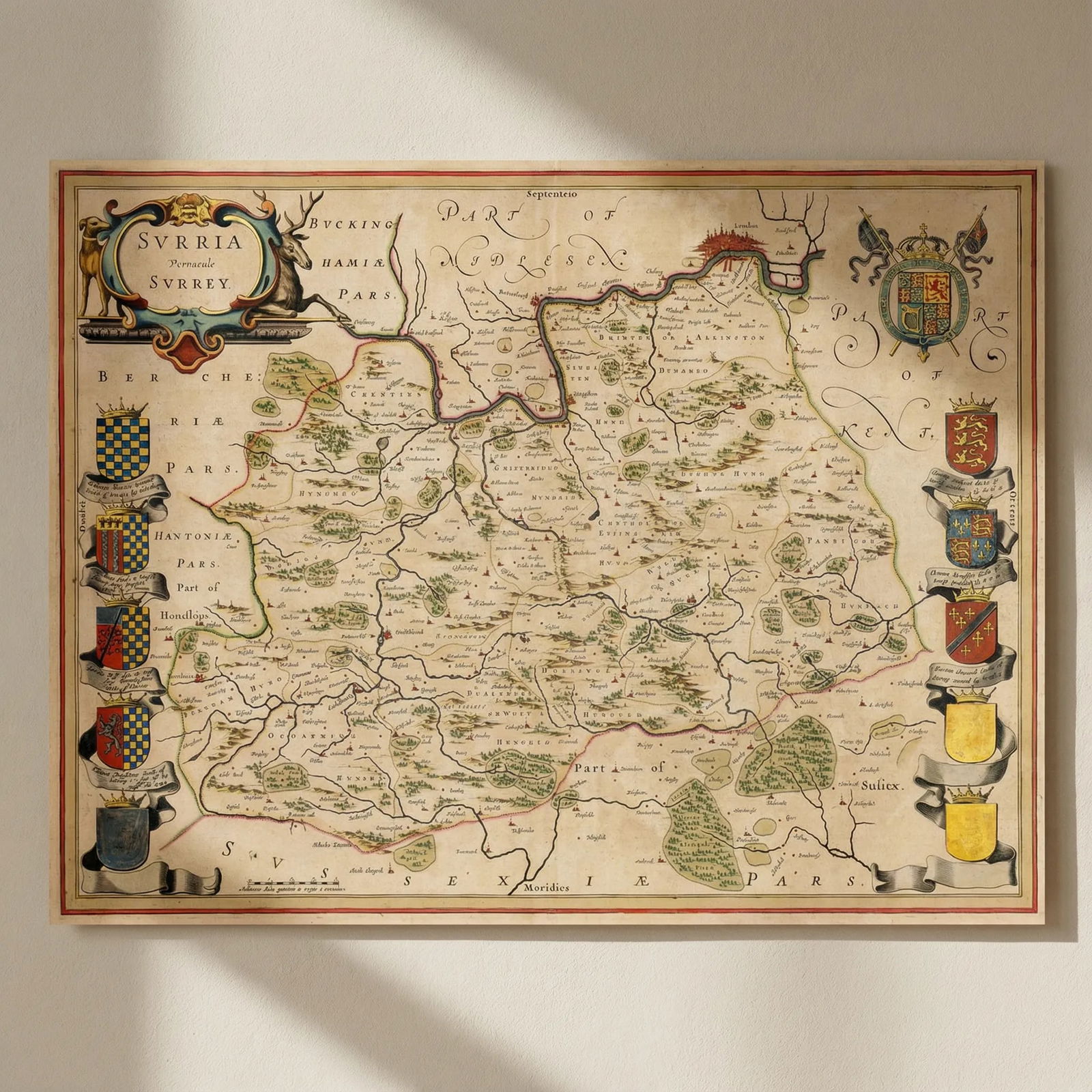 Surria Vernacule Surrey. Decorative county map by Blaeu after John Speed 1647: Title: Surria Vernacule Surrey. Decorative county map by Blaeu after John Speed 1647 Description: Surria Vernacule Surrey'. Joan/Johannes Blaeu after John Speed. Published 1647. Original large folio 1