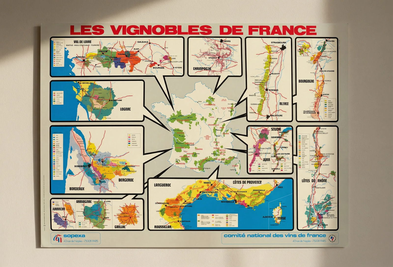 Vignobles de France. French wine regions poster map. SOPEXA/CNVF/Coindeau 1970s: Title: Vignobles de France. French wine regions poster map. SOPEXA/CNVF/Coindeau 1970s Description: Les Vignobles de France - Val de Loire - Champagne - Alsace - Bourgogne - Jura - Savoie - Côtes
