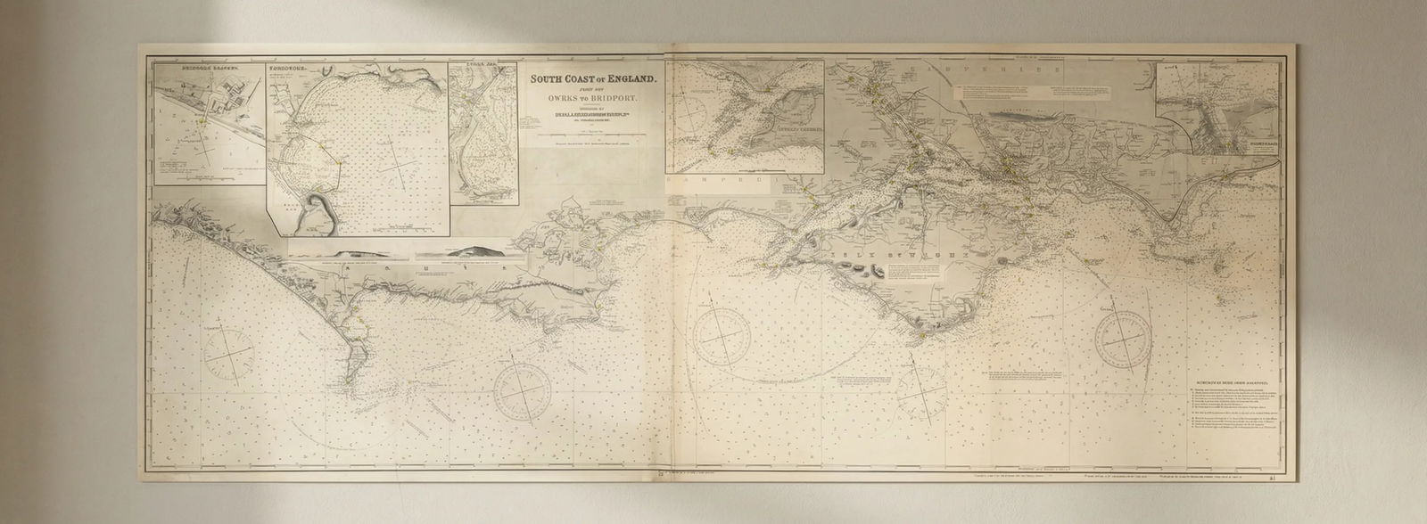 South Coast of England. 175x65cm. Imray Laurie Norie Wilson sea chart 1913 map: Title: South Coast of England. 175x65cm. Imray Laurie Norie Wilson sea chart 1913 map Description: South Coast of England from the Owers to Bridport // Sketch of Bridport Harbour // Poole Bar // Weymo