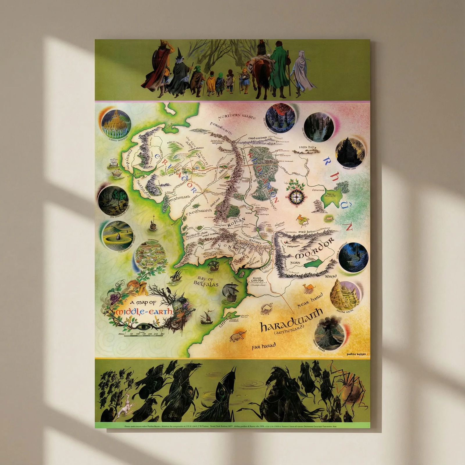 A map of Middle-earth by Pauline Baynes, JRR & CJR Tolkien. 73x50cm. 1977: Title: A map of Middle-earth by Pauline Baynes, JRR & CJR Tolkien. 73x50cm. 1977 Description: A Map of Middle-Earth'. Baynes had been commissioned to illustrate Tolkien's 1948 work Farmer Giles of Ham