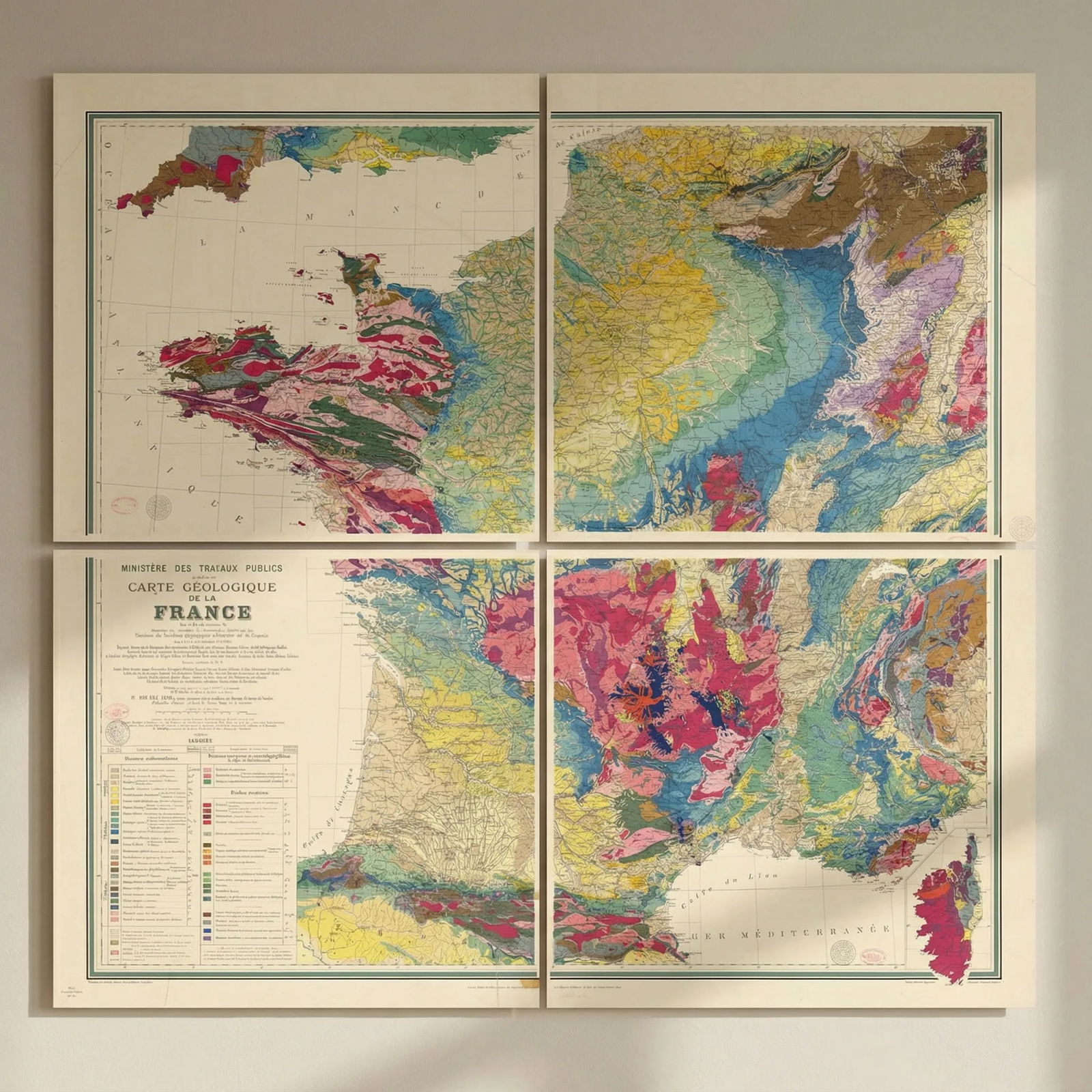 Carte Géologique de la France. Auguste Michel-Lévy. 4 sheets 107x116cm 1905 map: Title: Carte Géologique de la France. Auguste Michel-Lévy. 4 sheets 107x116cm 1905 map Description: Carte Géologique de la France'. Ministère des Travaux Publics. Auguste Michel-L&