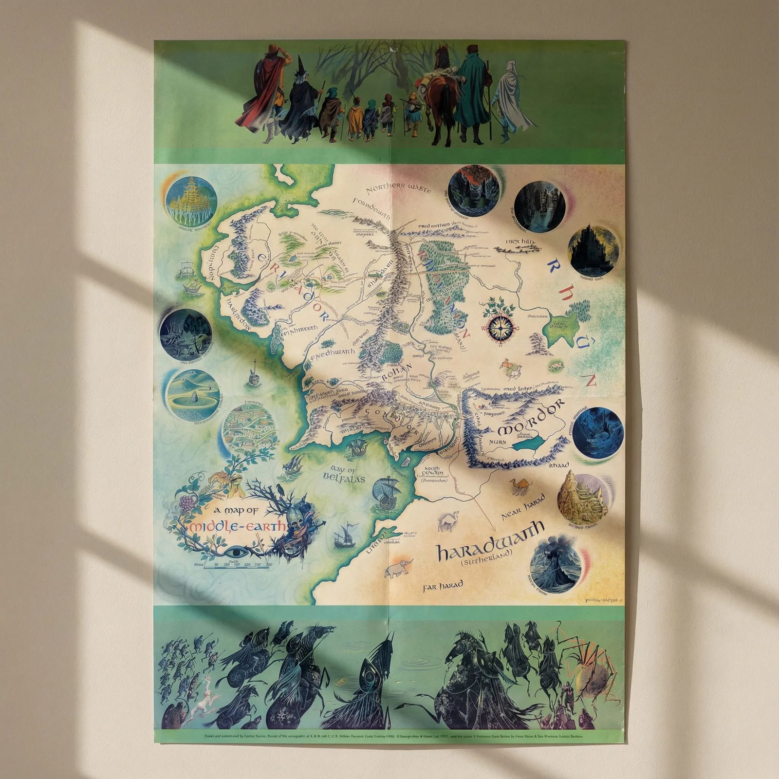 A map of Middle-earth by Pauline Baynes, JRR & CJR Tolkien. 73x50cm. 1970 (1980): Title: A map of Middle-earth by Pauline Baynes, JRR & CJR Tolkien. 73x50cm. 1970 (1980) Description: A Map of Middle-Earth'. Baynes had been commissioned to illustrate Tolkien's 1948 work Farmer Giles