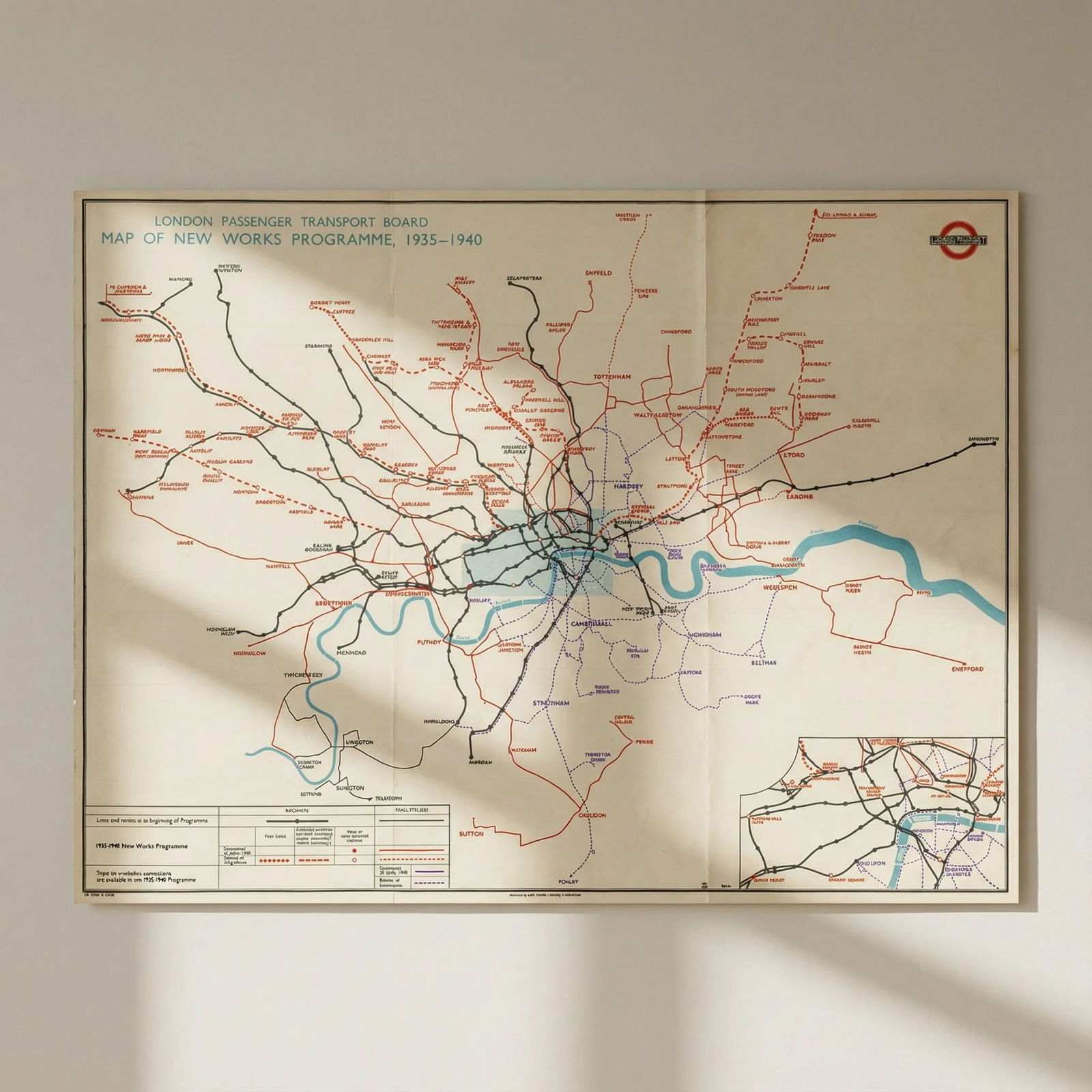 London Passenger Transport Board. 1935-1940 New Works Programme Map. 1938: Title: London Passenger Transport Board. 1935-1940 New Works Programme Map. 1938 Description: London Passenger Transport Board. Map of New Works Programme 1935 - 1940 [Print code 38-1054 G 90M]. The L