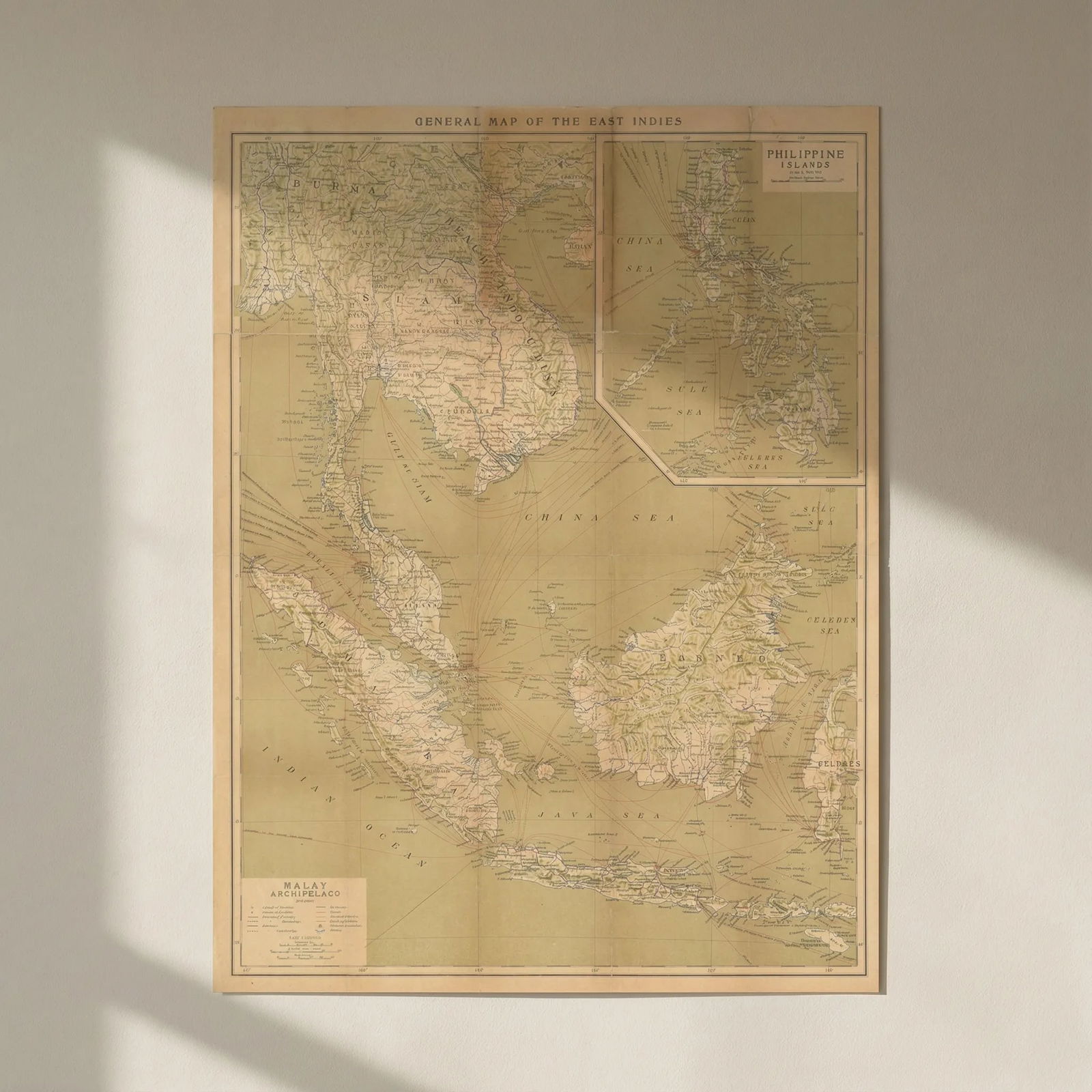 East Indies Malay Archipelago. Indochina Philippines Malaysia Indonesia 1920 map: Title: East Indies Malay Archipelago. Indochina Philippines Malaysia Indonesia 1920 map Description: General Map of the East Indies'. Imperial Japanese Government Railways. Published 1920. Antique col